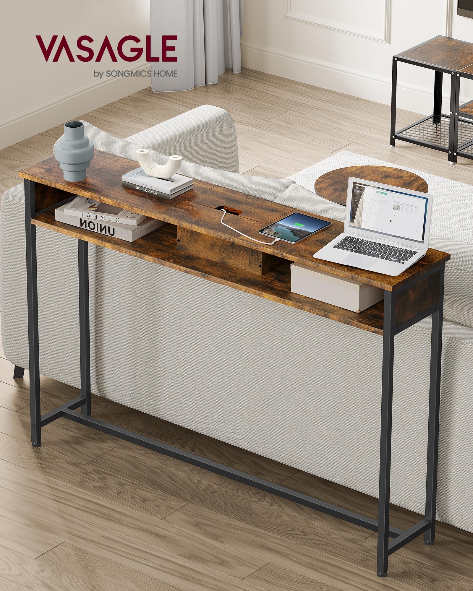 VASAGLE Table Console Fine avec Multiprise, Table de Canapé avec 2 Compartiments, Chargement Caché, Gain de Place, 25 x 120 x 81 cm, pour Entrée, Salon, Marron Rustique et Noir d’Encre LNT111K01