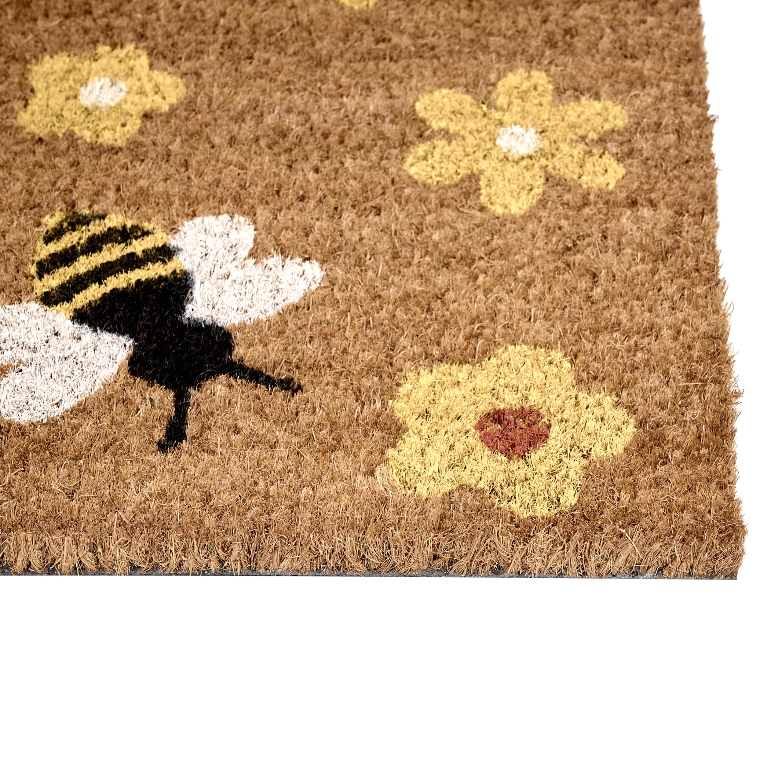 Beliani Paillasson en Fibre de Coco 45 x 75 cm Antidérapant Dessous en PVC Motif Abeilles et Fleurs Naturel Kigalik