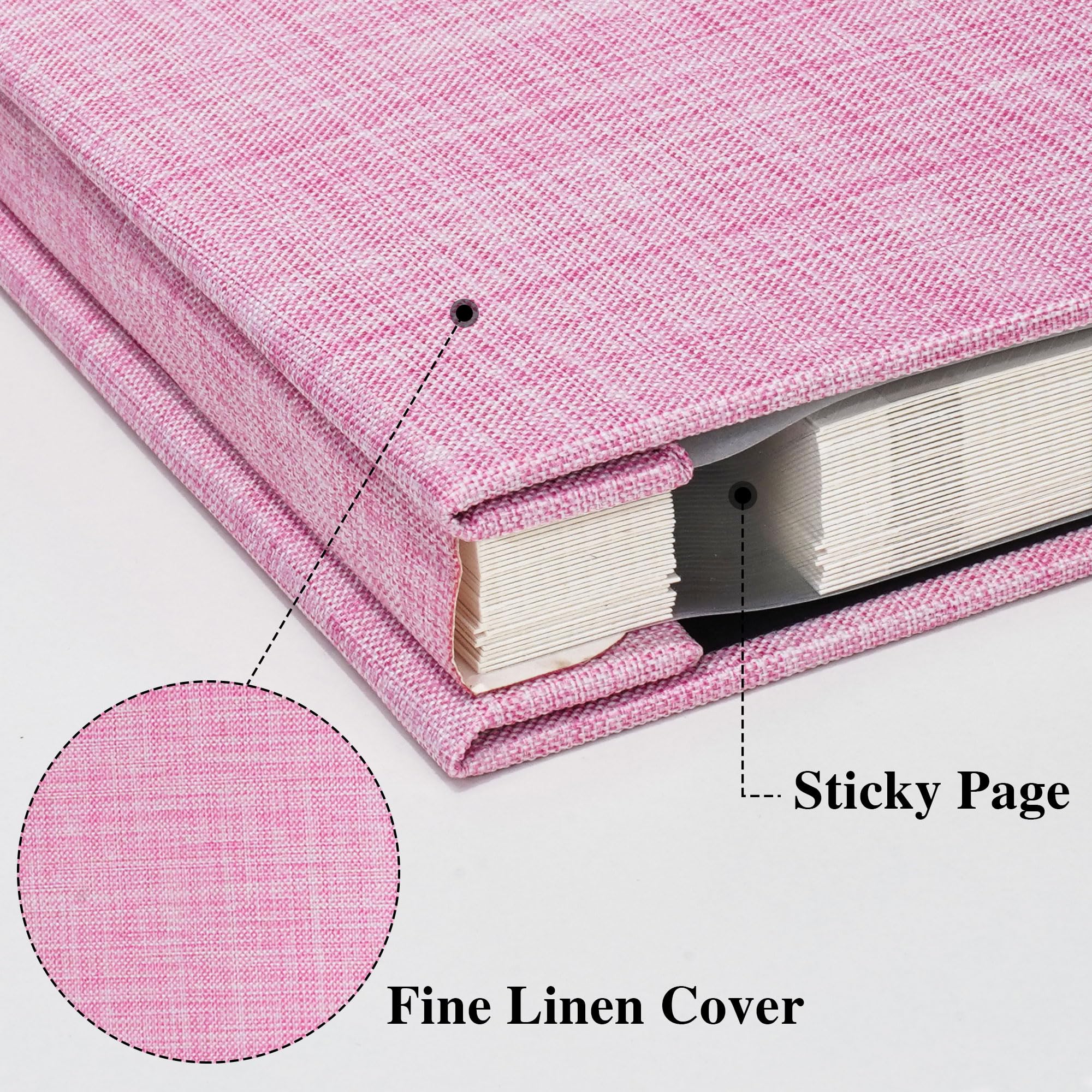Vienrose Album Fotografico Autoadesivo con Finestra di Visualizzazione 10 x 15, Piccolo Album Scrapbook con Copertina in Lino 60 Pagine Bianche con Penna in Metallo, 21,5x30 cm Rosa