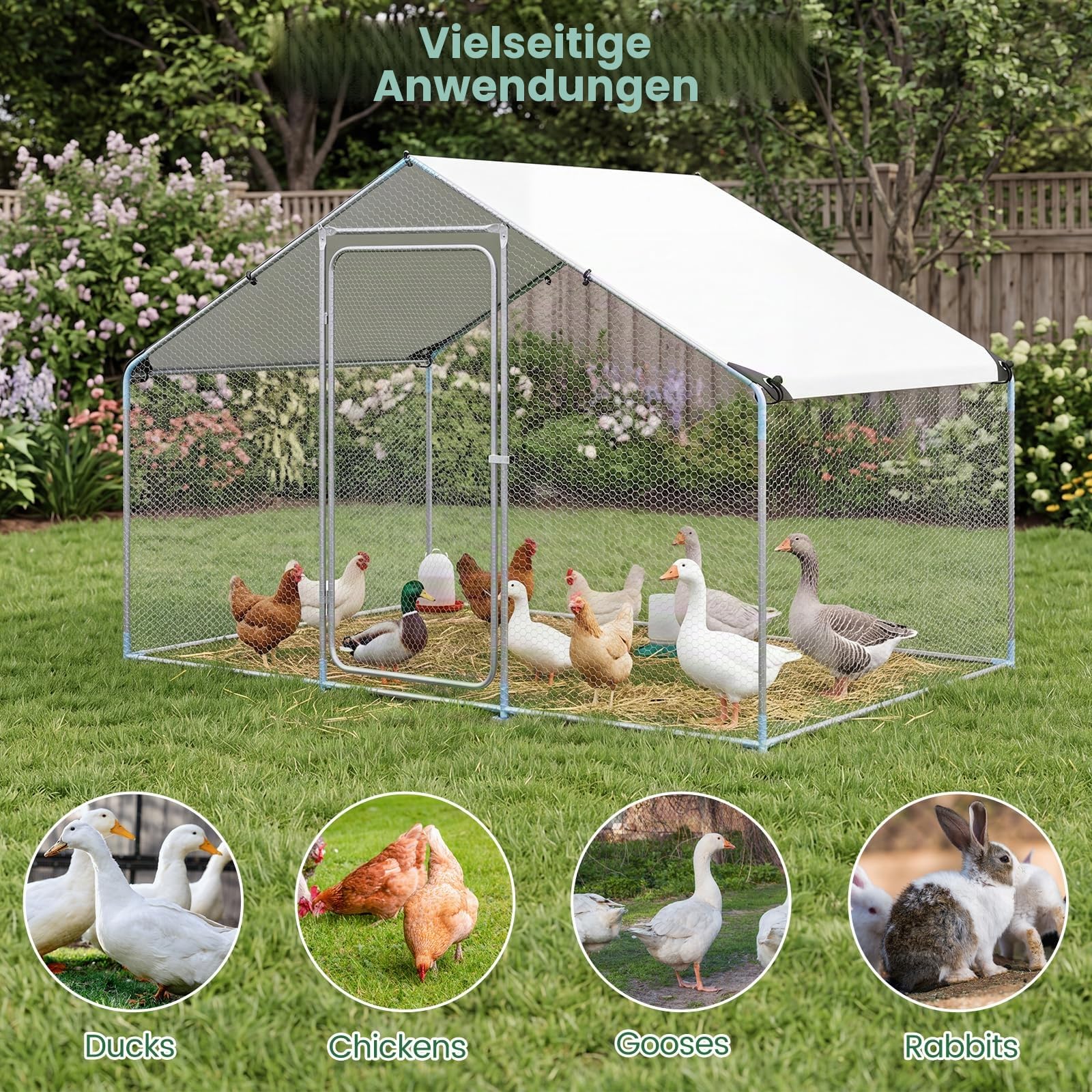 COSTWAY Hühnerstall 3x2x2m | 6 m², Freilaufgehege Metall, begehbarer Hühnerauslauf mit wasserfestem PE-Dach & Sicherheitsschloss, Hühnergehege für Hühner Geflügel Kleintiere, Silber