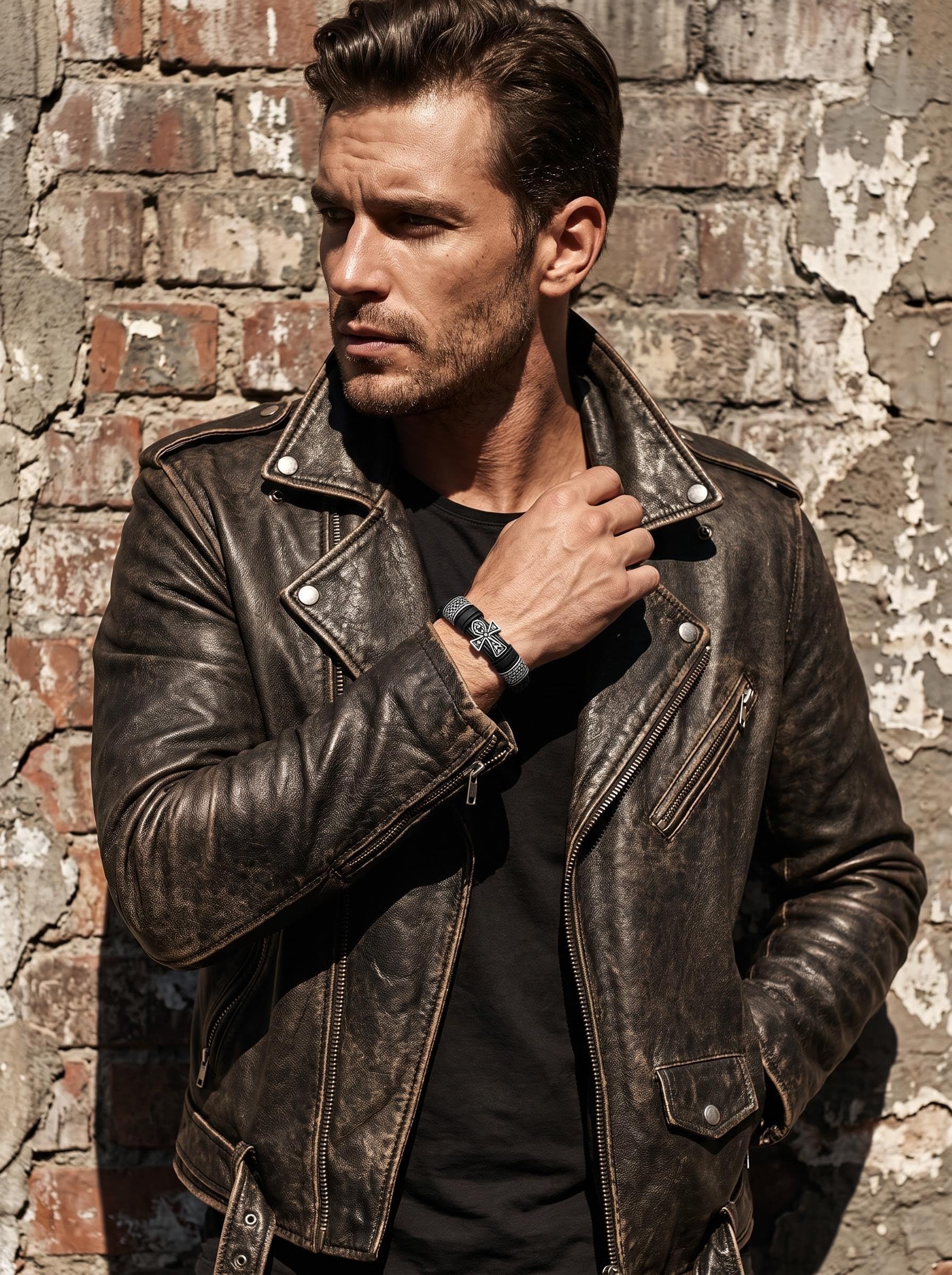 Bracelet en cuir et acier inoxydable avec croix pour homme