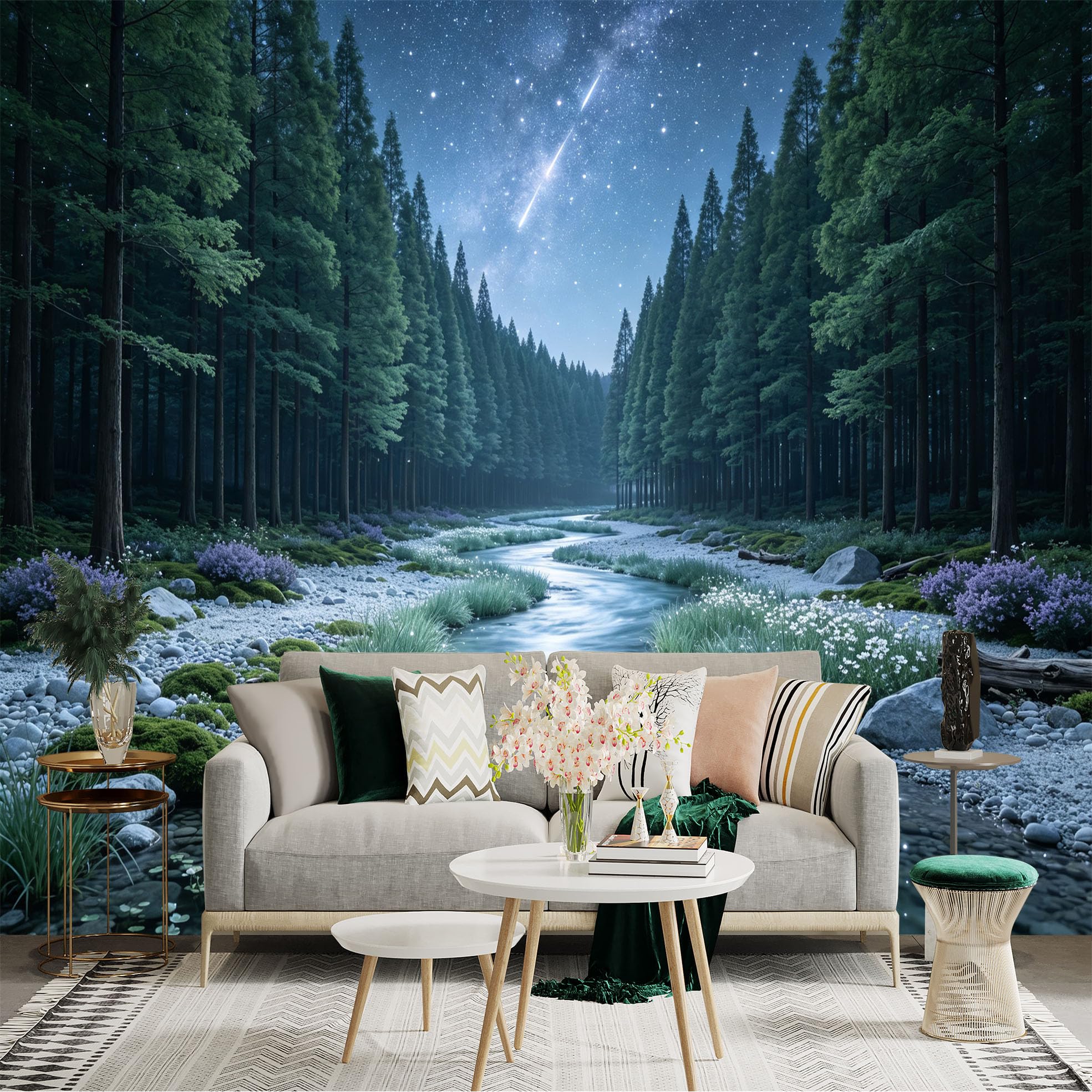 Lnzczhyre Bh260719716 Custom Size Wall Sticker Mural， Enchanting Night Forest With Serene River， Starry Sky And Glowing Flora， For Wall Decoration， Peelandstick Wall Decals.