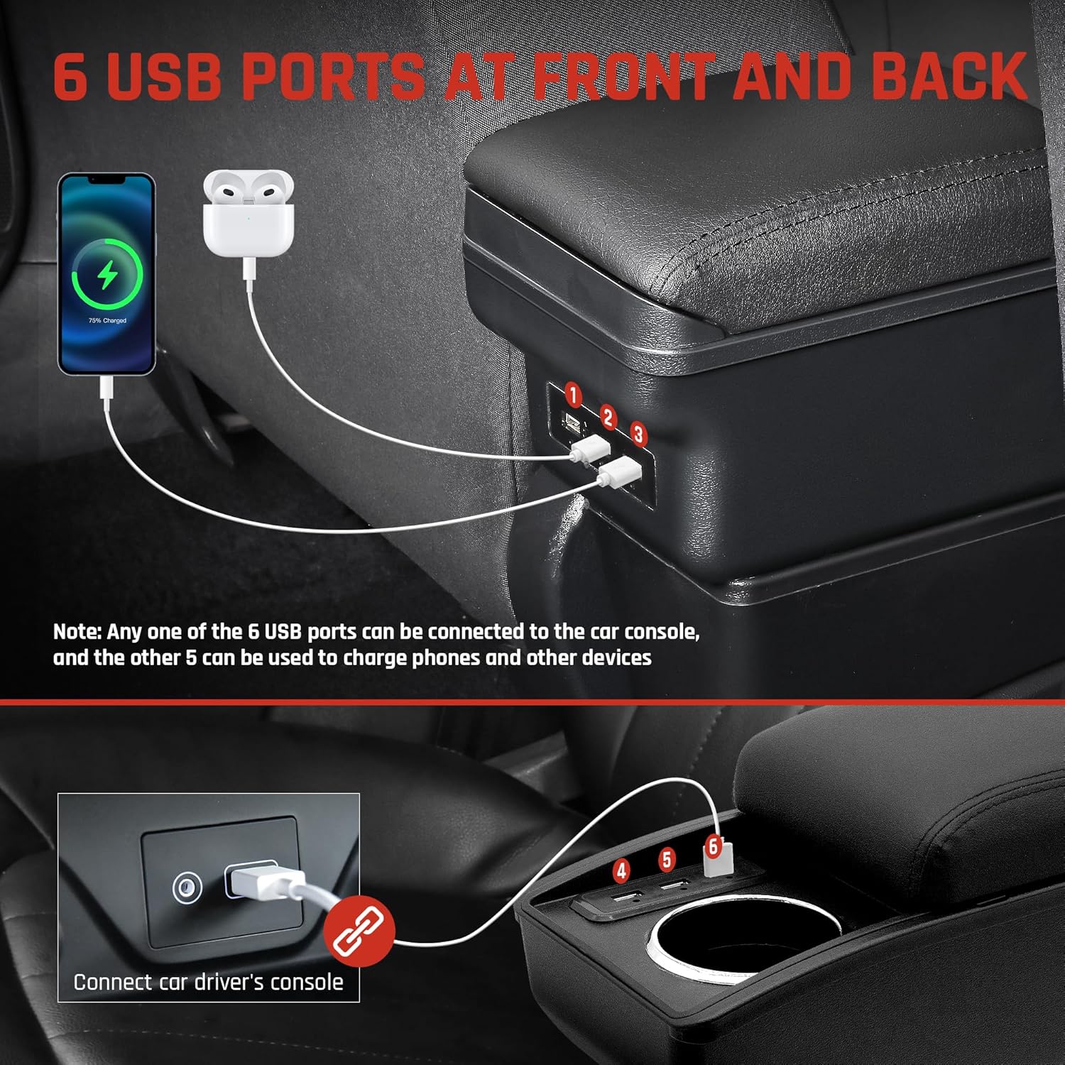 YJYWZH Car Armrest Storage Box for Honda Fit Jazz 2009-2013 Double Layer Car Center Console Organizer Armrest Box with 6 USB Ports and Cup Holder Car Interior Accessories(Red Thread)