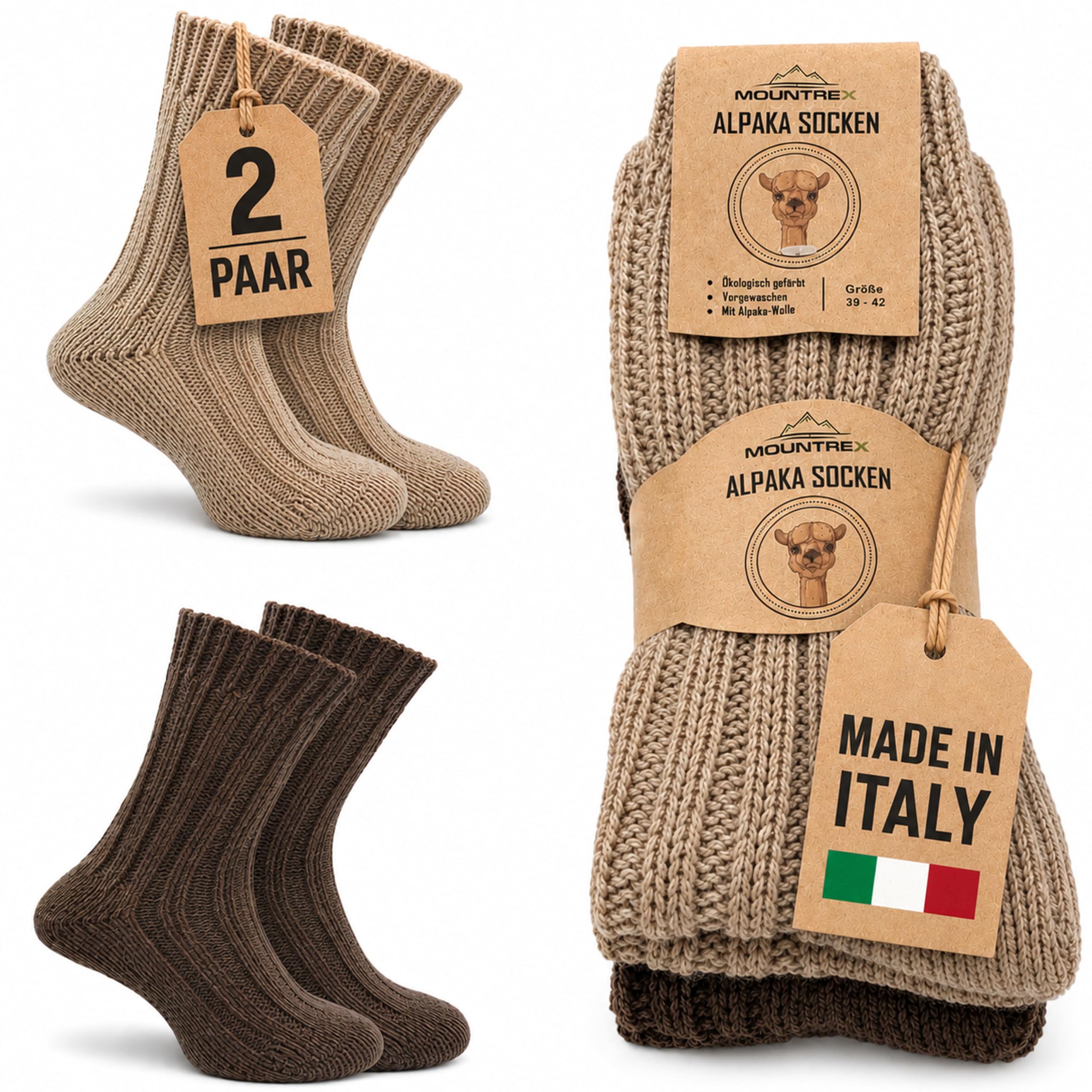 MOUNTREX® Alpaka Socken, Wollsocken für Damen und Herren - Wintersocken, Warme Haussocken, Thermosocken - Dick - 2 Paar
