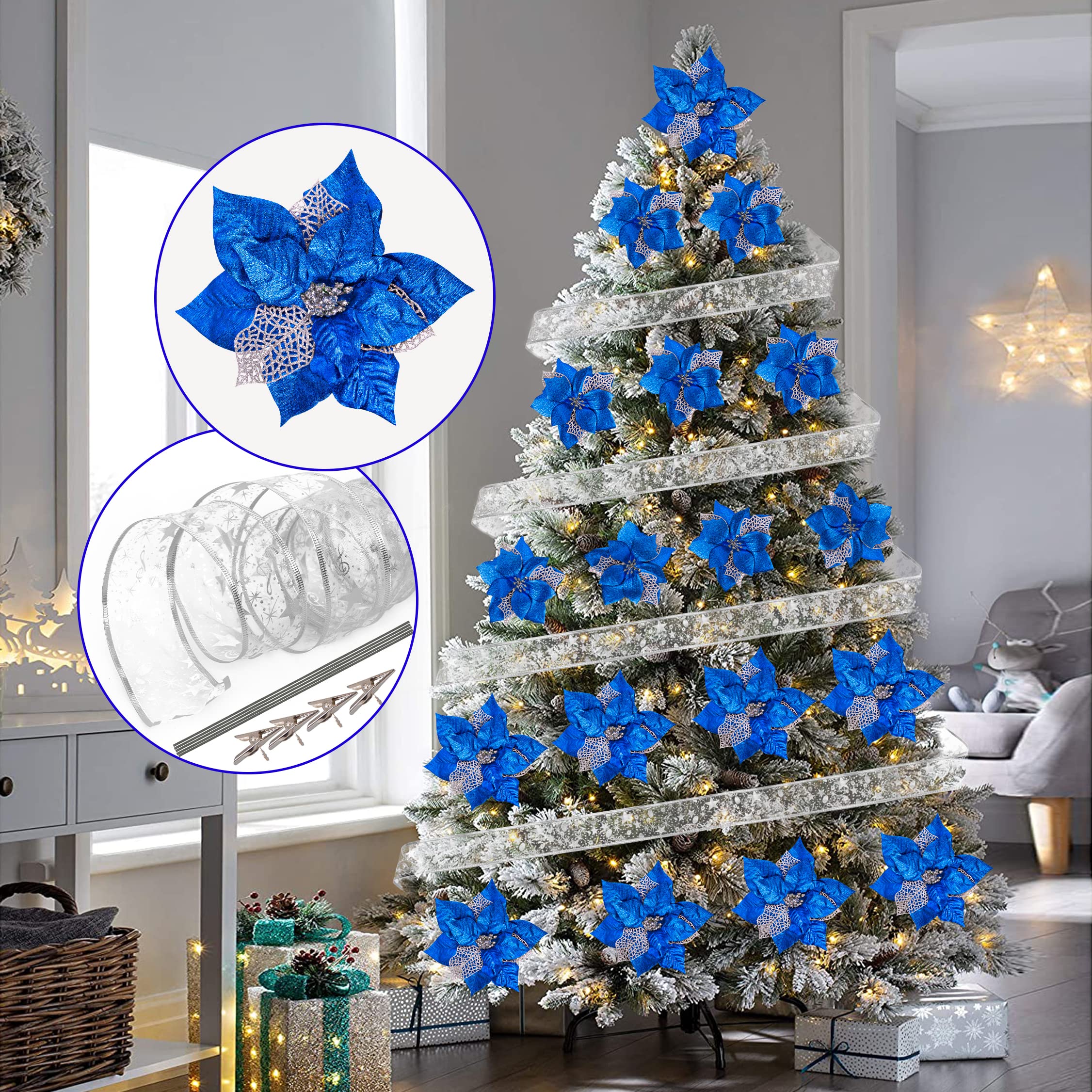 luck sea20 Pieces Christmas Poinsettia Artificial Flowers Decorations &20 Clips &11 Yard Ribbon - Xmas Party Tree Wreath Ornaments Glitter(Blue)
