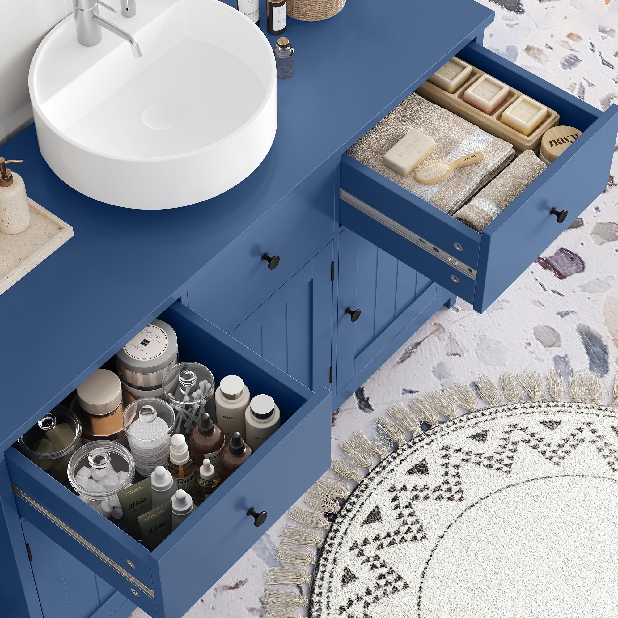 FOREHILL 100cm Mueble Bajo Lavabo, Mueble Baño, Mueble Lavabo con Pie, con 3 Puertas, 2 Cajones, 100 x 30 x 61 cm (Azul)