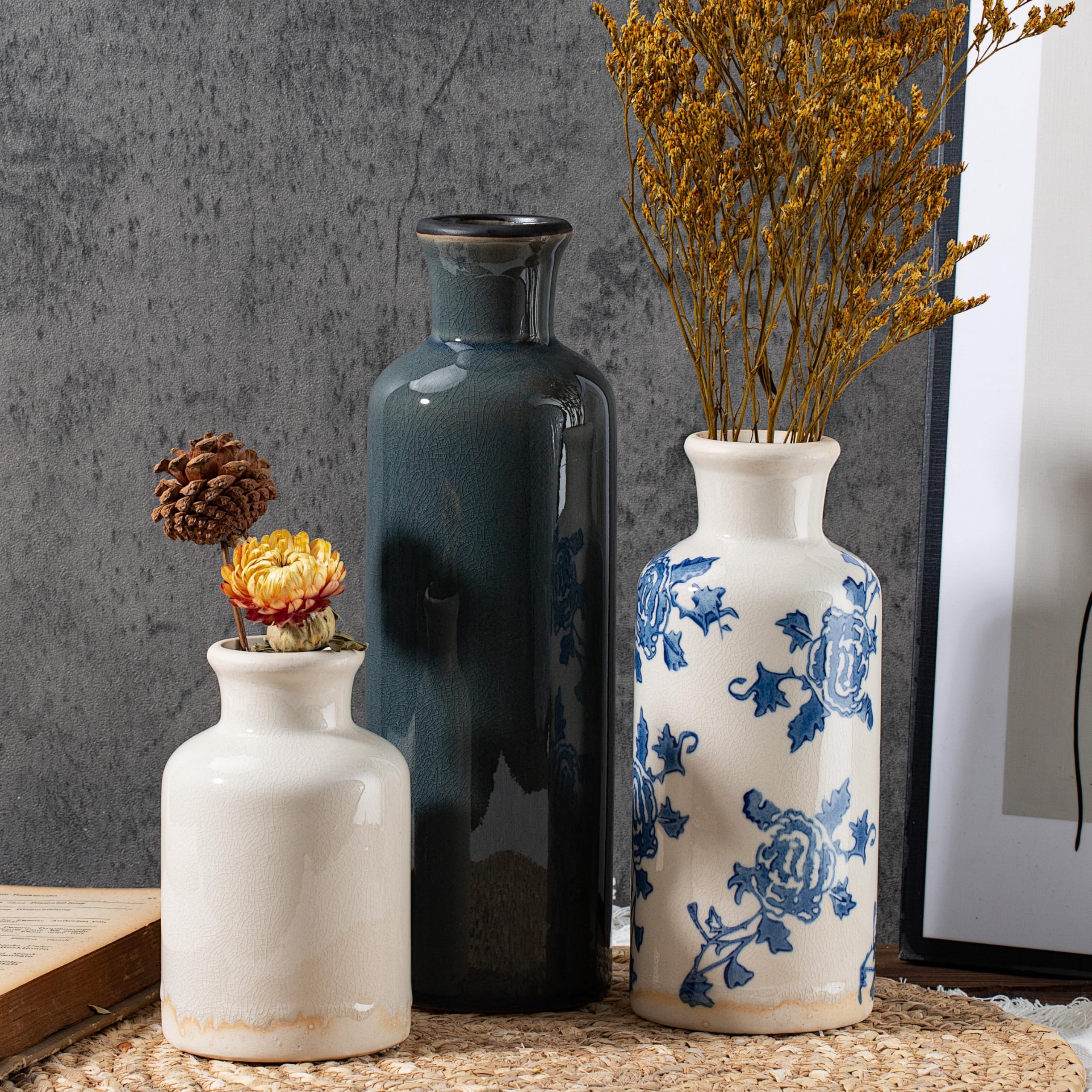 Sawoake Ceramic Vintage Vase Set of 3, Blue and White Crackle Glaze, Chinoiserie Floral Decor for Farmhouse Shelf, Table Centerpiece, Mantel, Living Room & Office