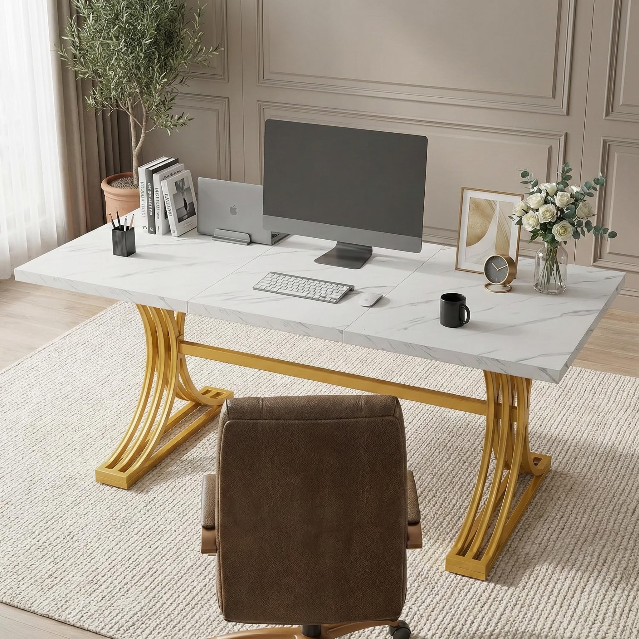 Lailang 160cm Escritorio, Mesa Escritorio Industrial, Mesa Ordenador E Impresora, Escritorio Roble, Mesa Comedor de 160 x 80 x 80 Cm, Mesa Oficina Grande, 160 x 80 x 75 cm, Blanco Y Oro