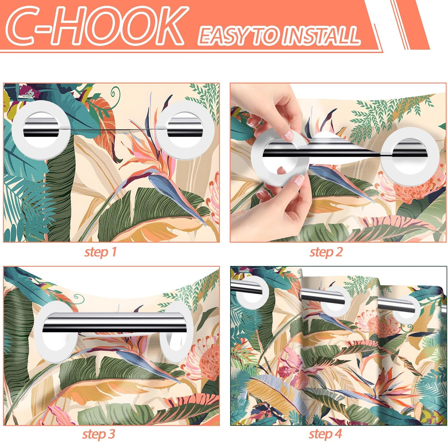 Tropical Hookless Shower Curtain with Snap in Liner Set, Palm Leaf No Hook Shower Curtains for Bathroom, Double Layer Ringless, Liner with Magnets, Waterproof Cloth Fabric, 71" W x 74" L