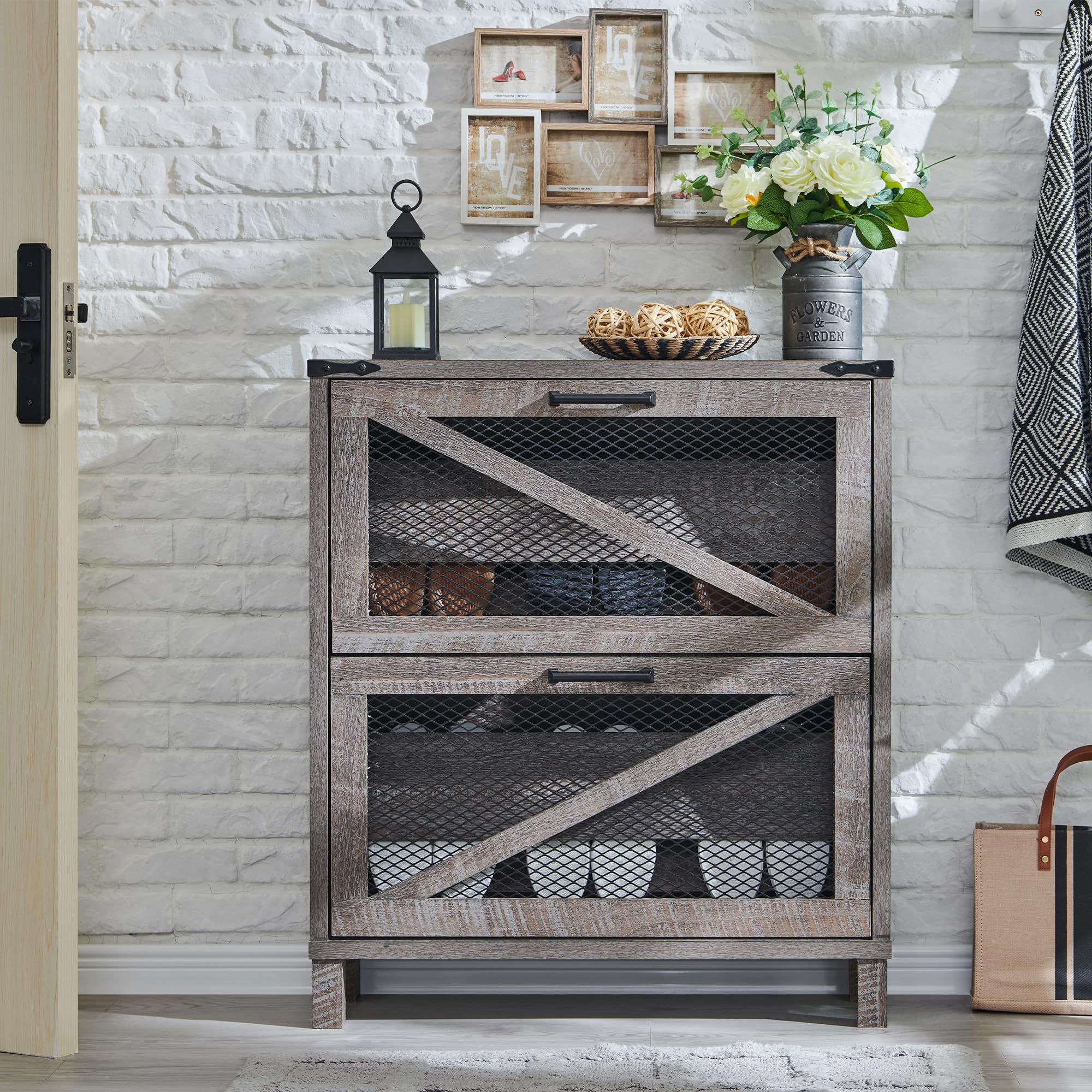 ACCOHOHO Farmhouse Shoe Cabinet, Narrow Shoe Storage Cabinet with 2 Flip Drawers & Adjustable Shelves, Industrial Wood Shoe Organizer, Rustic Shoe Rack Cabinet for Entryway, Grey