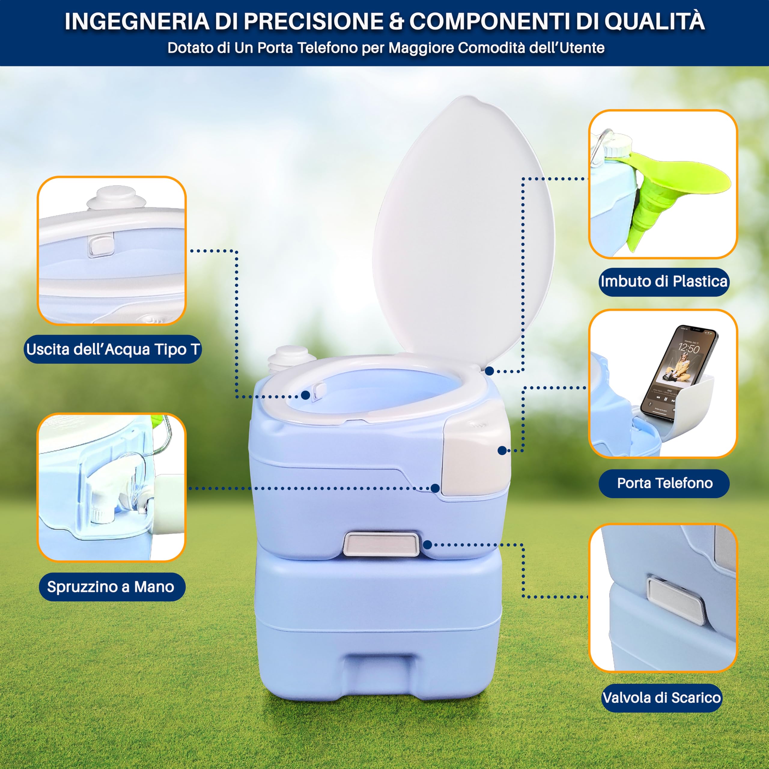 SereneLife WC Portatile da Campeggio e Escursioni 20 Litri, 120 Scarichi, Impermeabile, WC da Viaggio in PE Resistente, Serbatoio Rimovibile, Spruzzatore e Porta Telefono