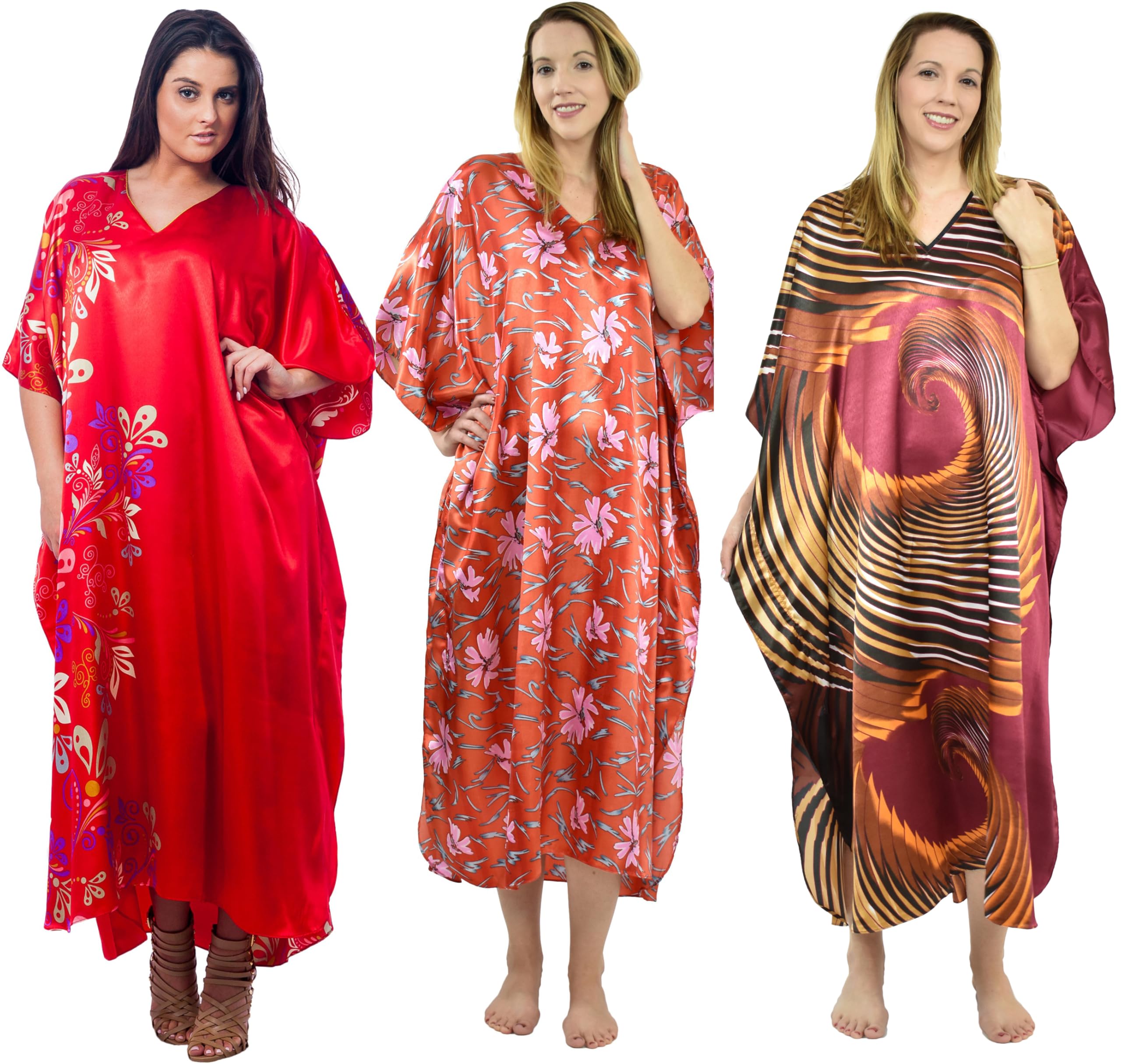 Women 3-Pack Satin Caftans/Kaftans, Shades of Red, One Size Plus, Special#23