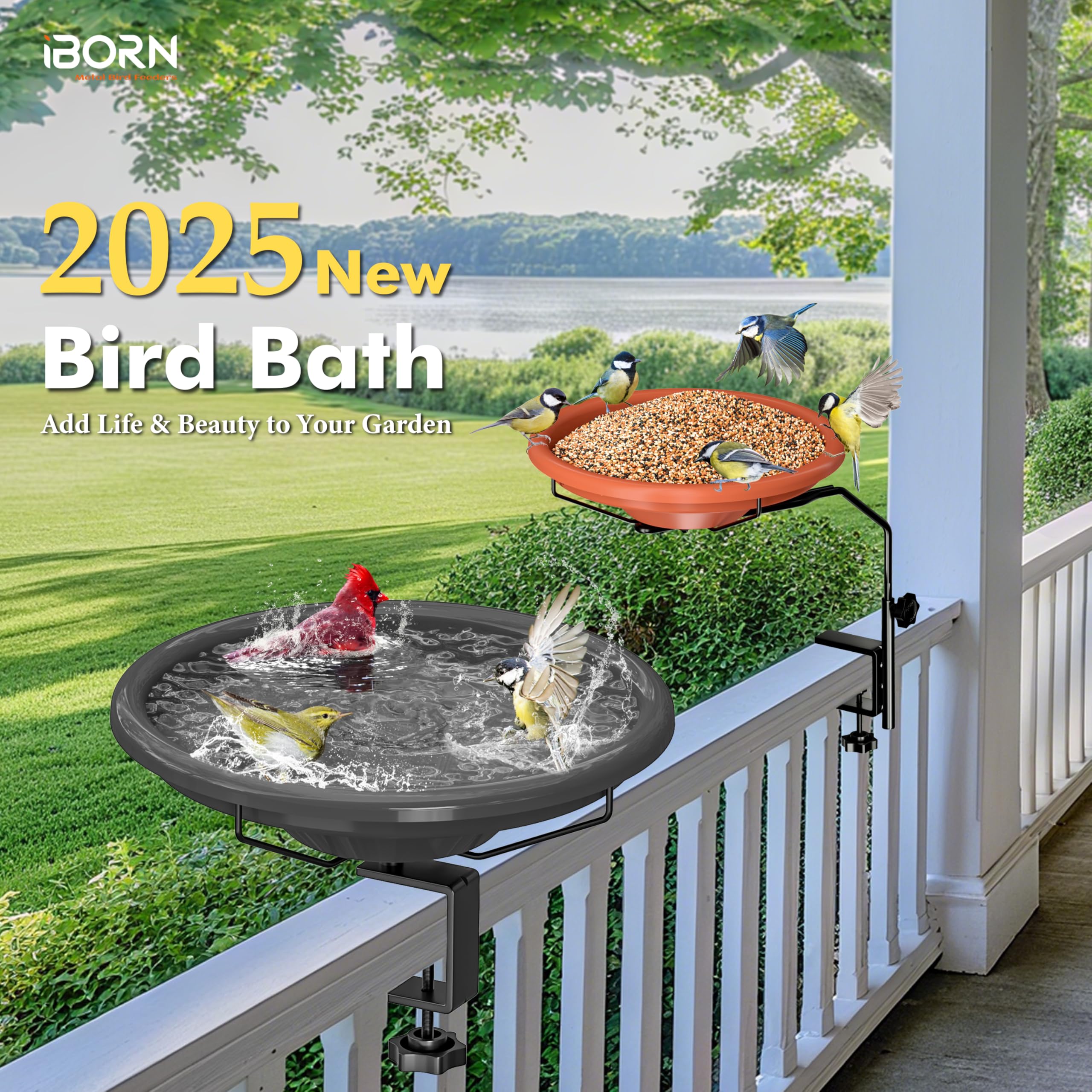 iBorn Bird Bath,Deck Mounted Bird Baths 12inch,Birdbath for Outside with Clamp 3.2inch,BPA-Free Bowl,Chew-Proof,Fully Detachable Design,Easy Clean & Refill,Gray,1 Pack(Not Include Fountain) - Image 3