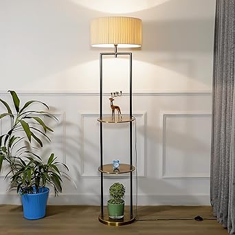 KAPOOR E-ILLUMINATIONS Gallow Metal Multiutility Shelf Floor Lamp with Cotton Off White Lampshade for Living Room Corner, Study Room, Bedroom, Hotel, Office (Brass & Black, 65 Inches Height)