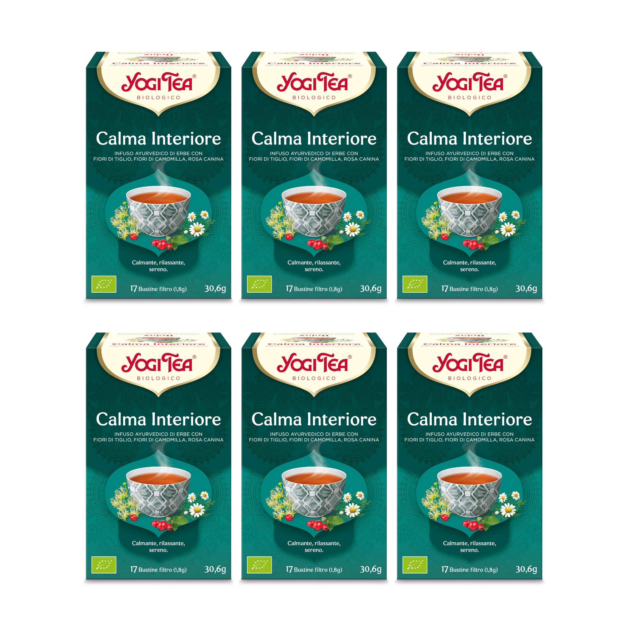 Yogi Tea Calma Interiore Bio - Infuso Ayurvedico - Miscela di Fiori di Tiglio, Camomilla e Rosa Canina - Senza Caffeina - Confezione da 6x17 bustine (102 bustine in totale)