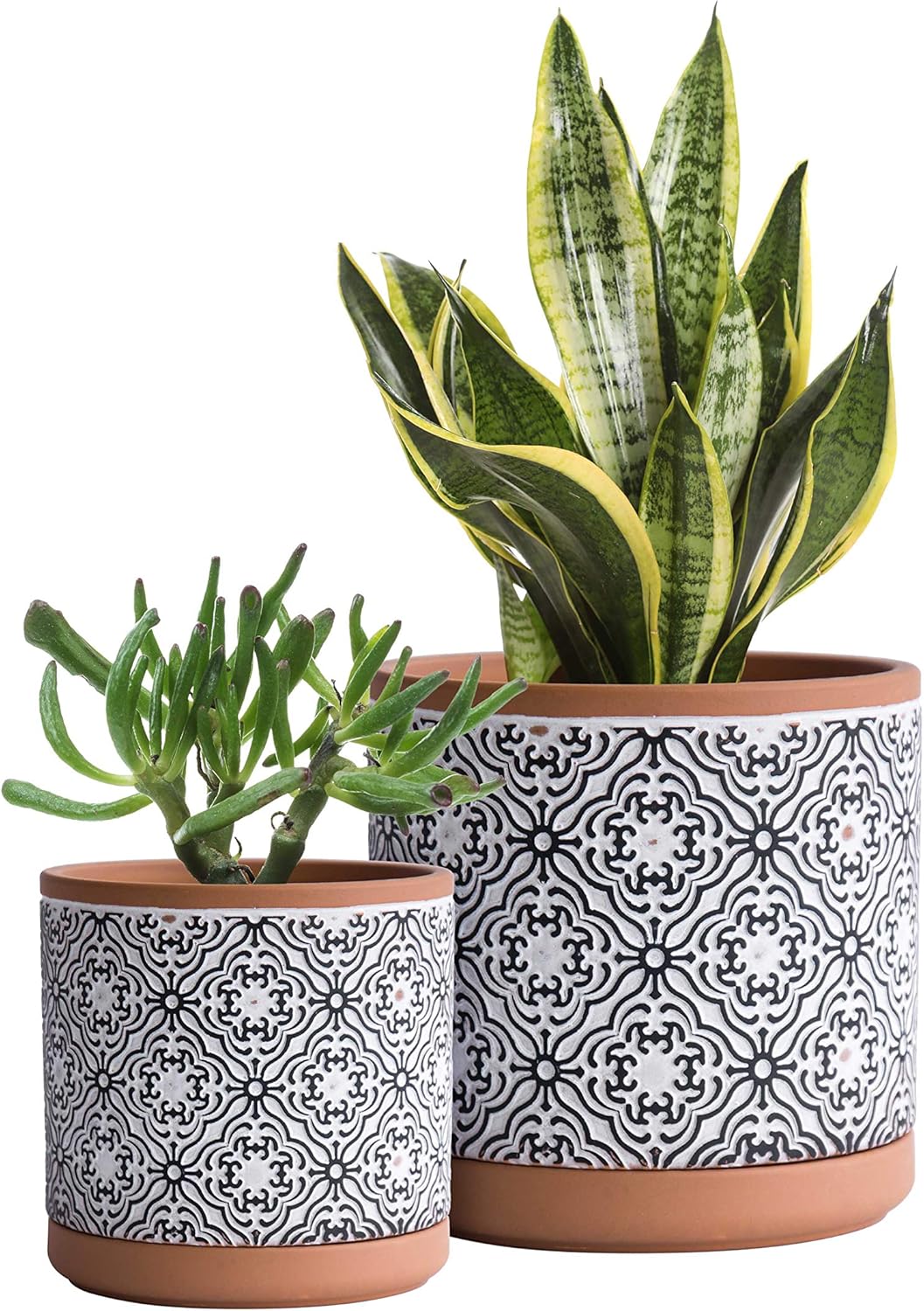 D'vine Dev Set of 2 Terracotta Pots, Vintage Design Planter Pot, 4 Inch and 6 Inch, Pot with Drainage Hole and Saucer, Terracotta/Black, 31-958-E-2