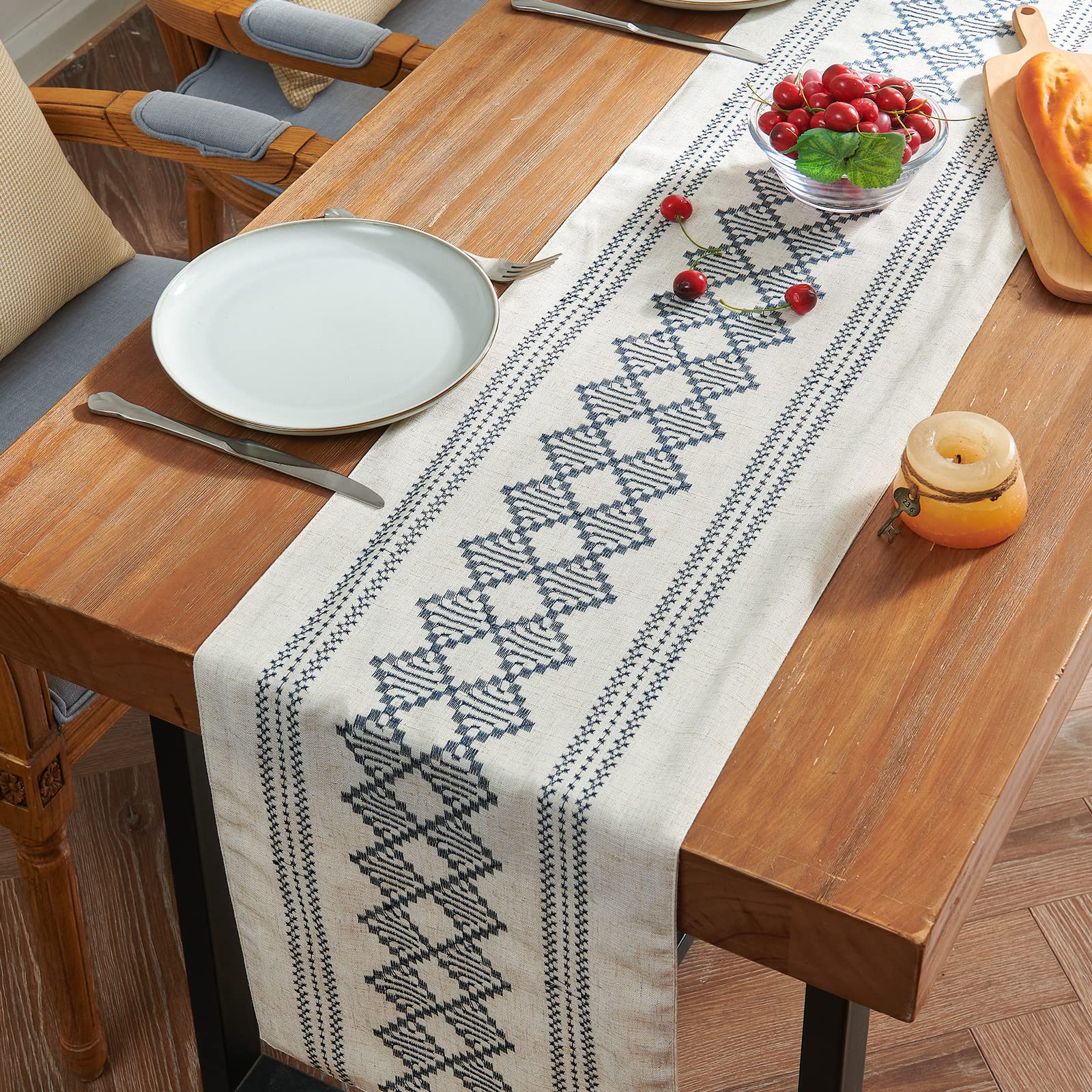 JINCHAN Embroidered Table Runner Farmhouse Linen Table Runner Boho