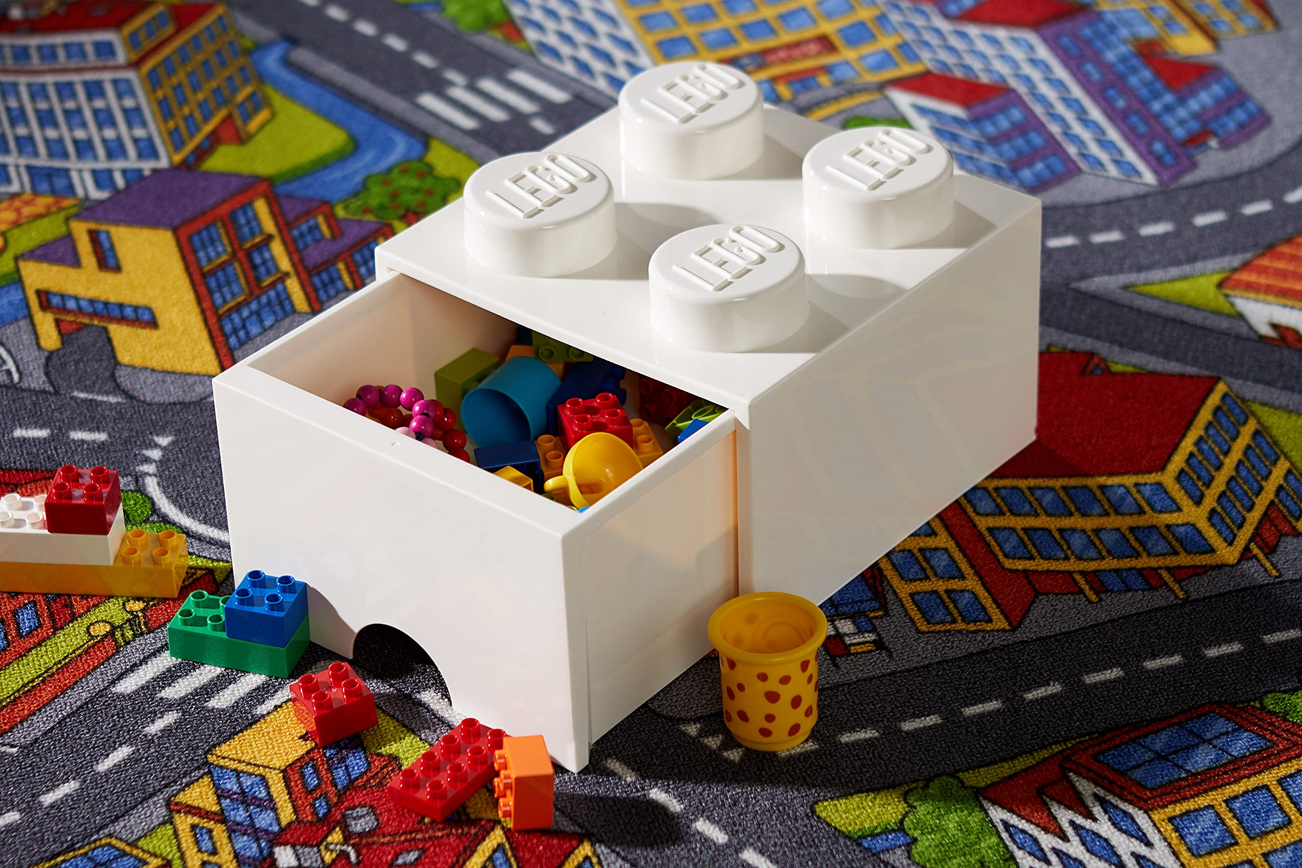 Cassettiera Mattoncino Lego 4 Bottoni, 1 Cassetto, Cassa Portaoggetti Impilabile, 4.7 L