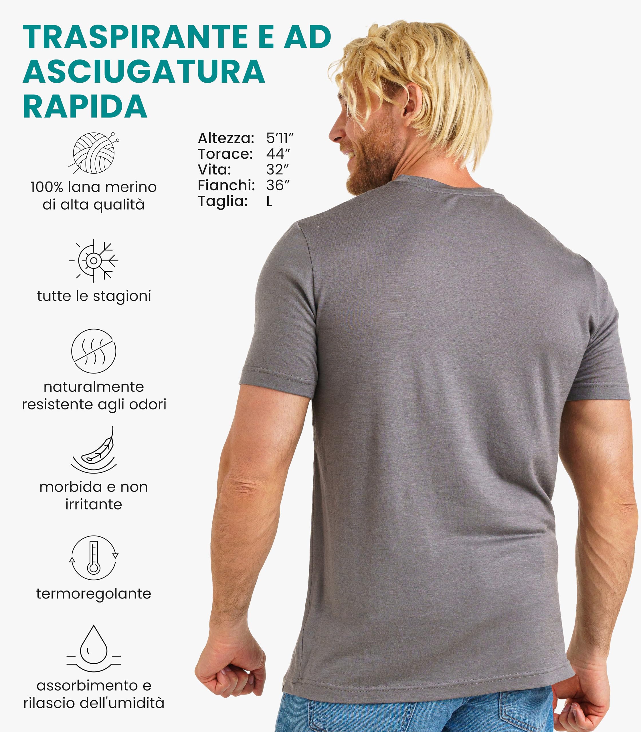 Merino.tech Maglietta Lana Uomo - 100% Biologica Merino, Intimo Lana Merinos Uomo Leggero