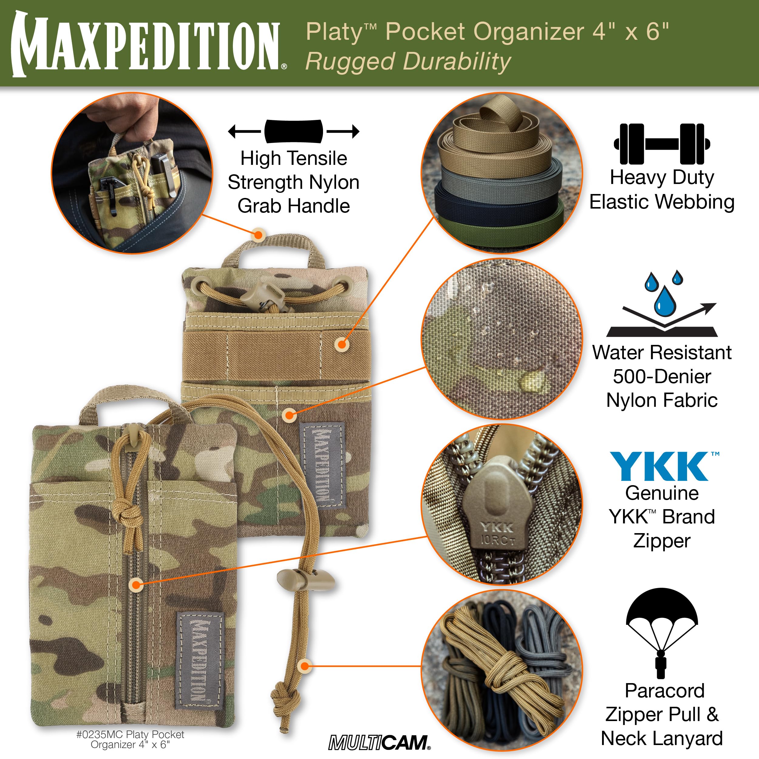 MAXPEDITION Platy - Organizer Tascabile da Uomo, Resistente, con Cordino in Paracord, può Contenere torce