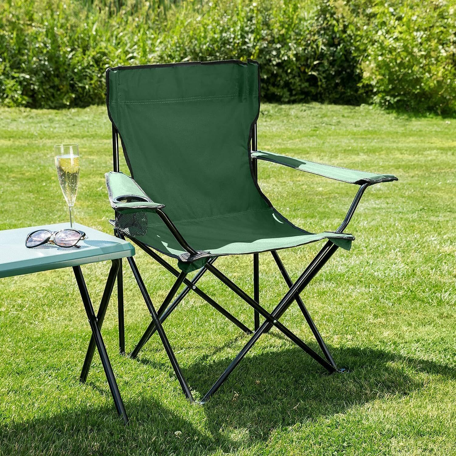 D.I.L Folding Camping Chair with Cup Holder, Steel Frame, Carry Bag Included, Lightweight, for Camping, Picnics, Fishing, and Garden Use (Green)