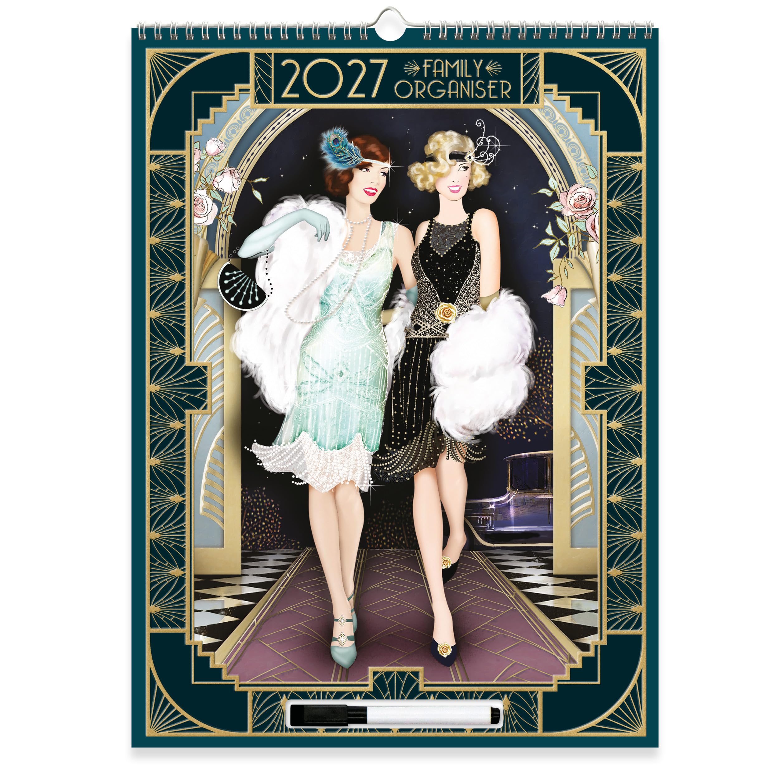 Claire Coxon Art Deco 2027 Family Organiser Wall Calendar | Large 4-Column Monthly Planner with Wipe-Clean Notes, Pen & Hanging Loop