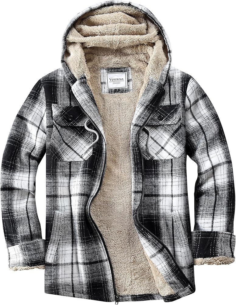 Veusna Men's Flannel Jacket Sherpa Lined Hoodies Zip Up Fleece