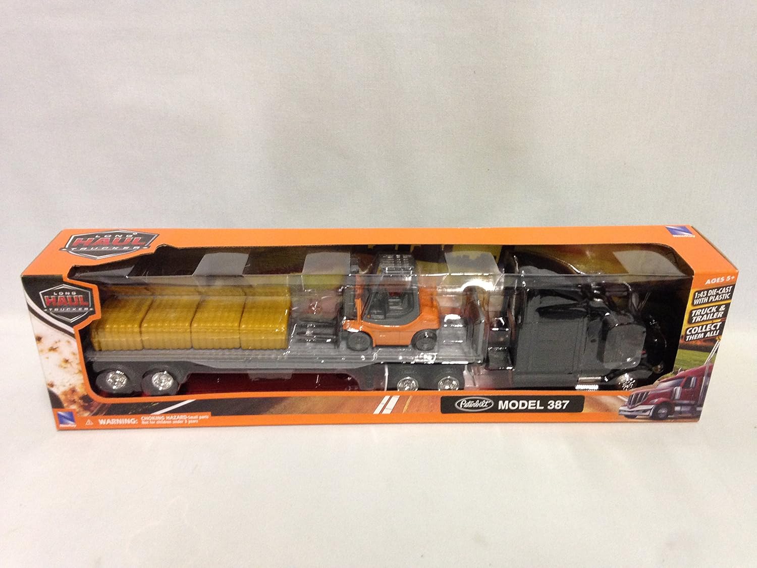 Peterbilt 387 Flatbed w/Forklift & Hay Bale Diecast 1:43 Replica,New Ray Toy SS-15123J