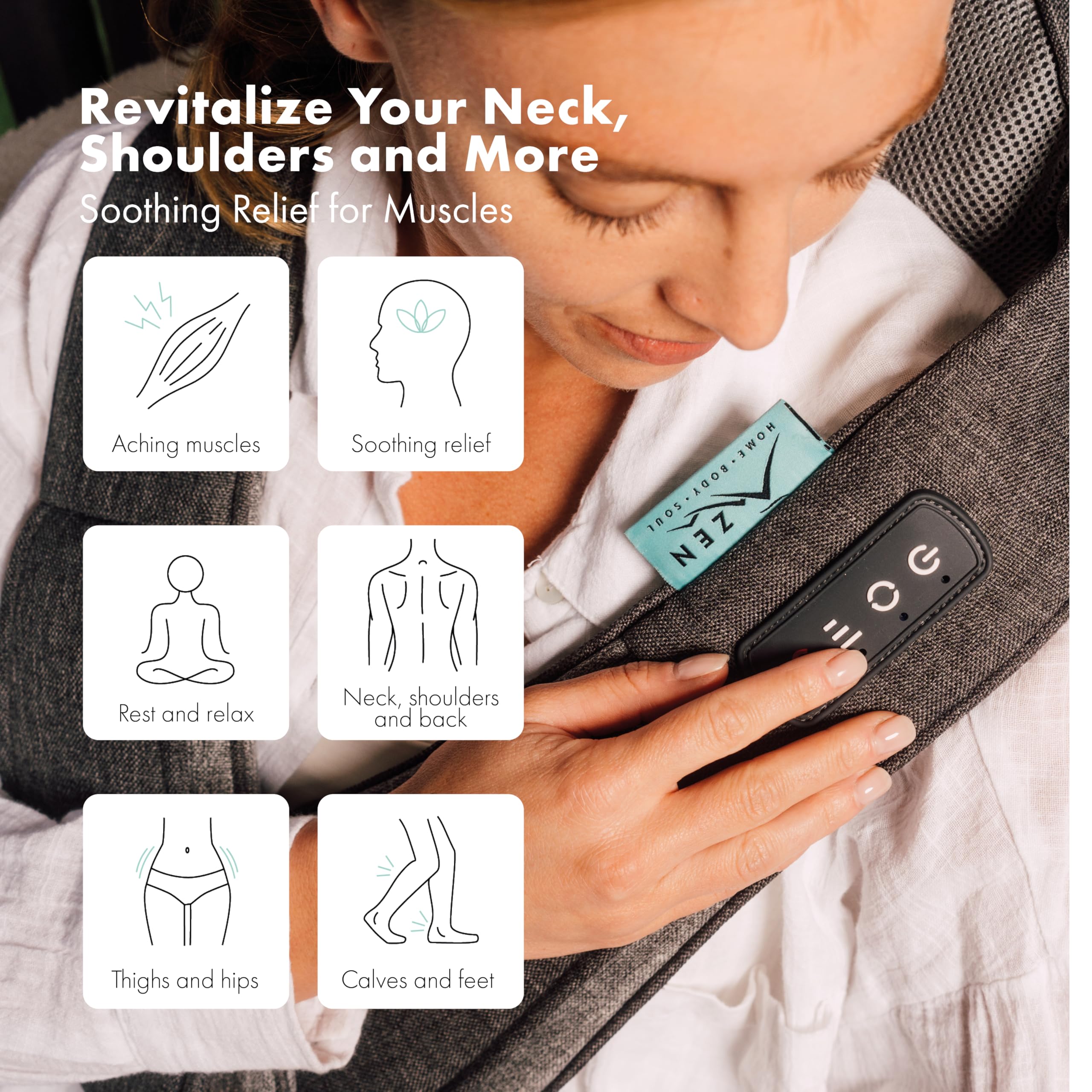 Masseur Cou & Épaules Zen Matterhorn - Deux Directions de Massage - Trois Vitesses - Chaleur apaisante - Étiquette Aromathérapie - Fontionne sur batterie rechargeable