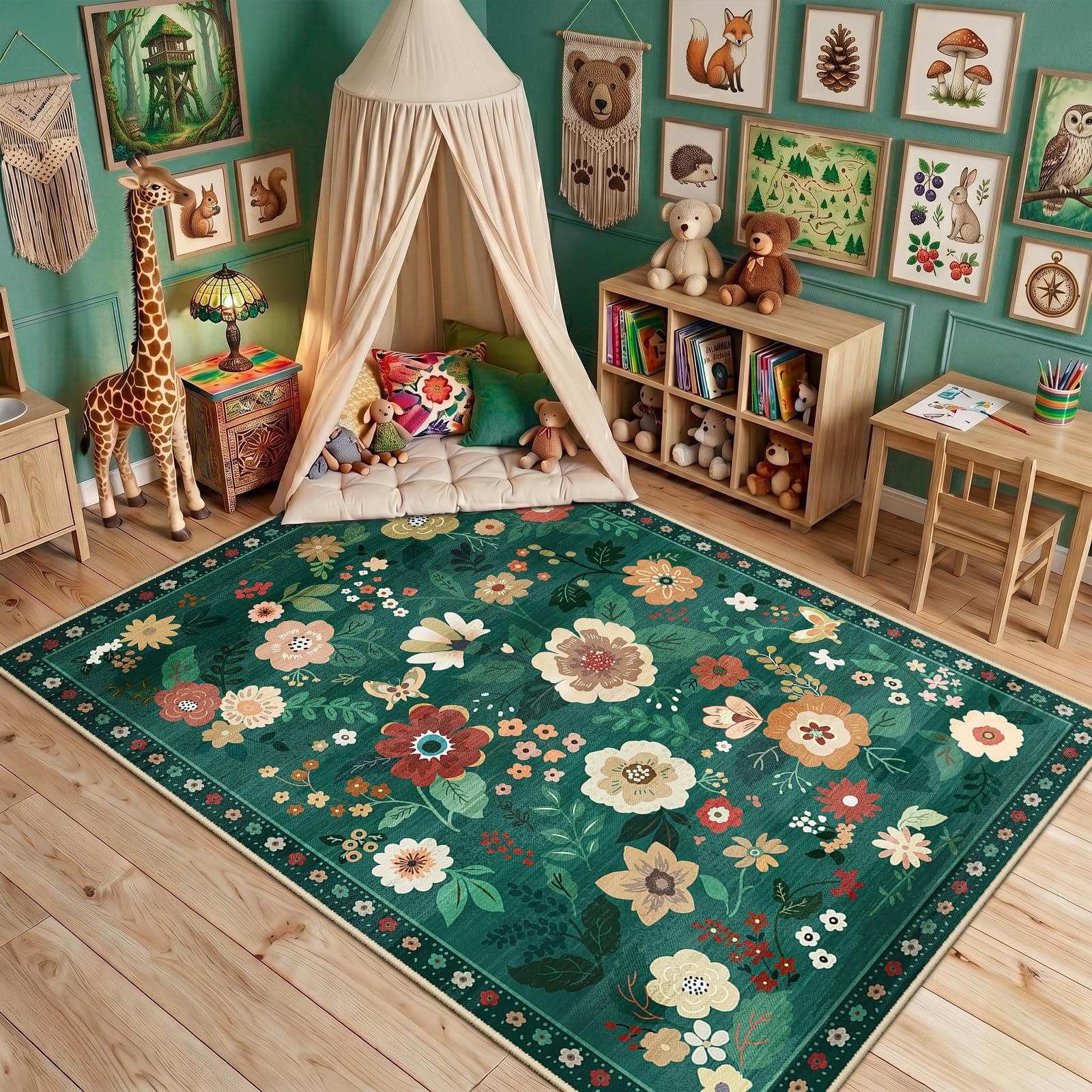 DEFYNEE Machine Washable Rugs Living Room, 120×180cm Floral Rug, Non-Slip Low Pile Boho Vintage Floral Carpet with Printed Design for Kids Room, Bedroom, Kitchen, Entryway, Lounge, Dark Green — image 1