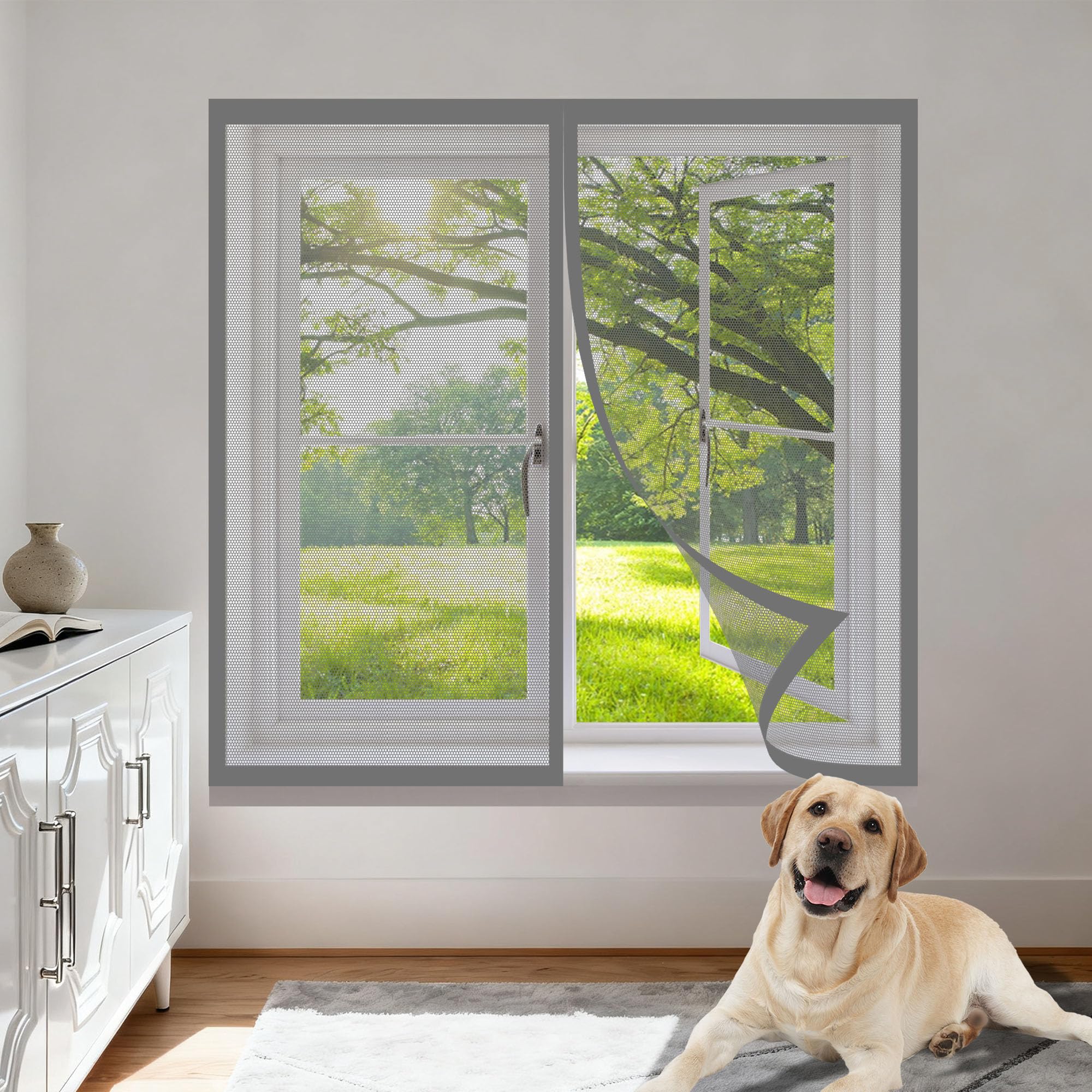 Window Fly Screen 90 x 175 cm with Selfadhesive Adjustable DIY Window Fly Screen Excellent Ventilation While Blocking Bugs for Living Room Bedroom Offfice, Grey
