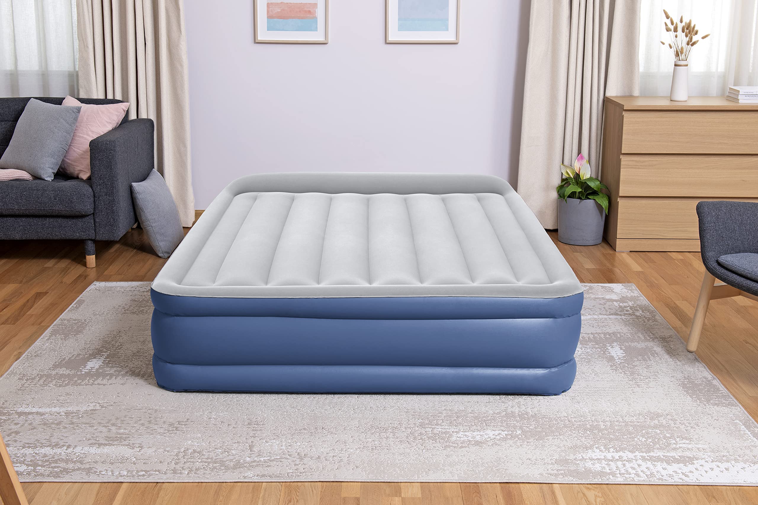 Bestway 67630 Airbed Tritech Essential 3 Camere Bicolor Azzurro/Grigio Matrimoniale Floccato, Cm. 203X152X46