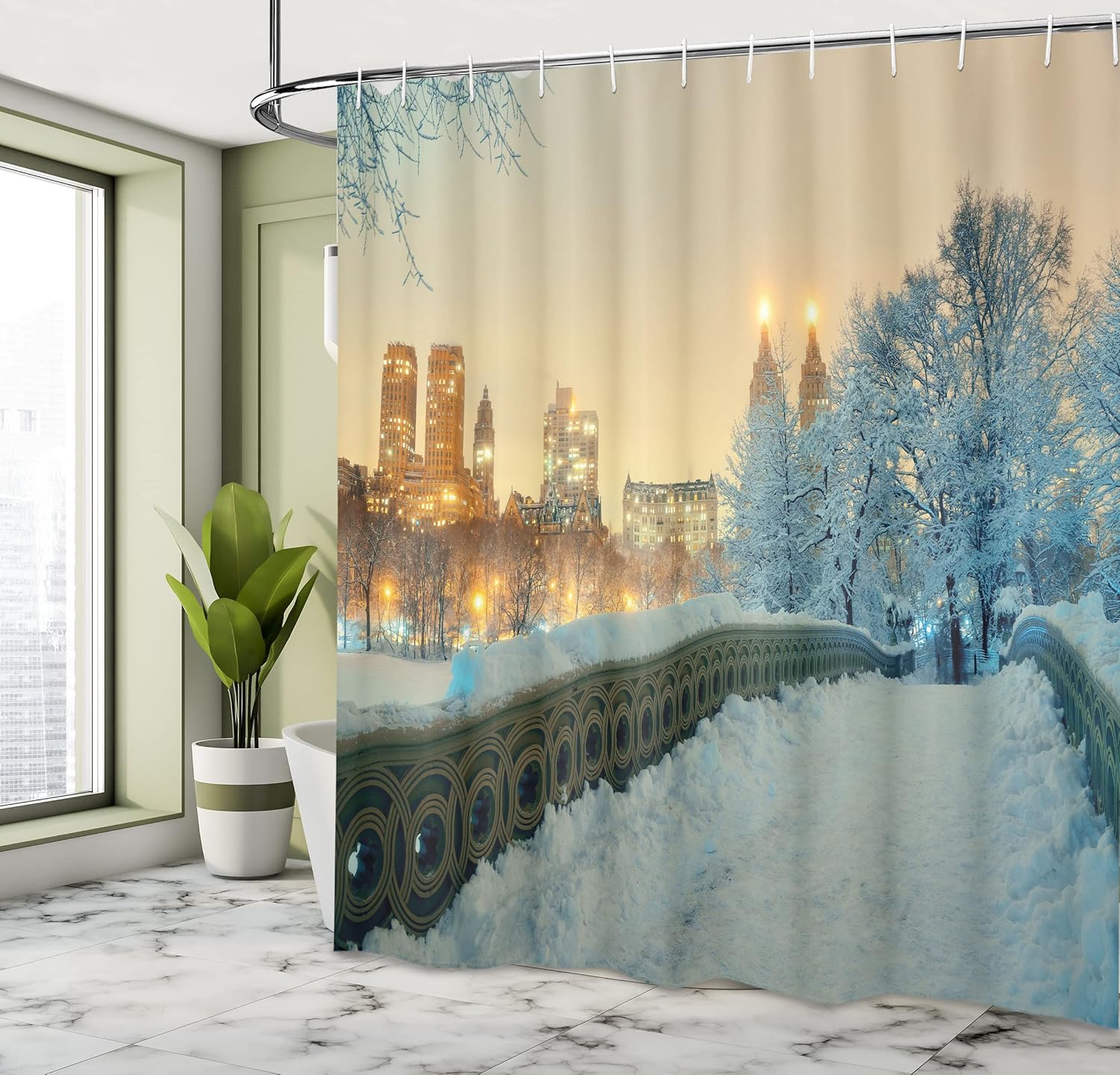 Ambesonne Winter Shower Curtain, Central Park Winter Skyscrapers and Snow Bow Bridge Manhattan New York, Cloth Fabric Bathroom Decor Set with Hooks, 69" W x 70" L, Orange White Olive Green