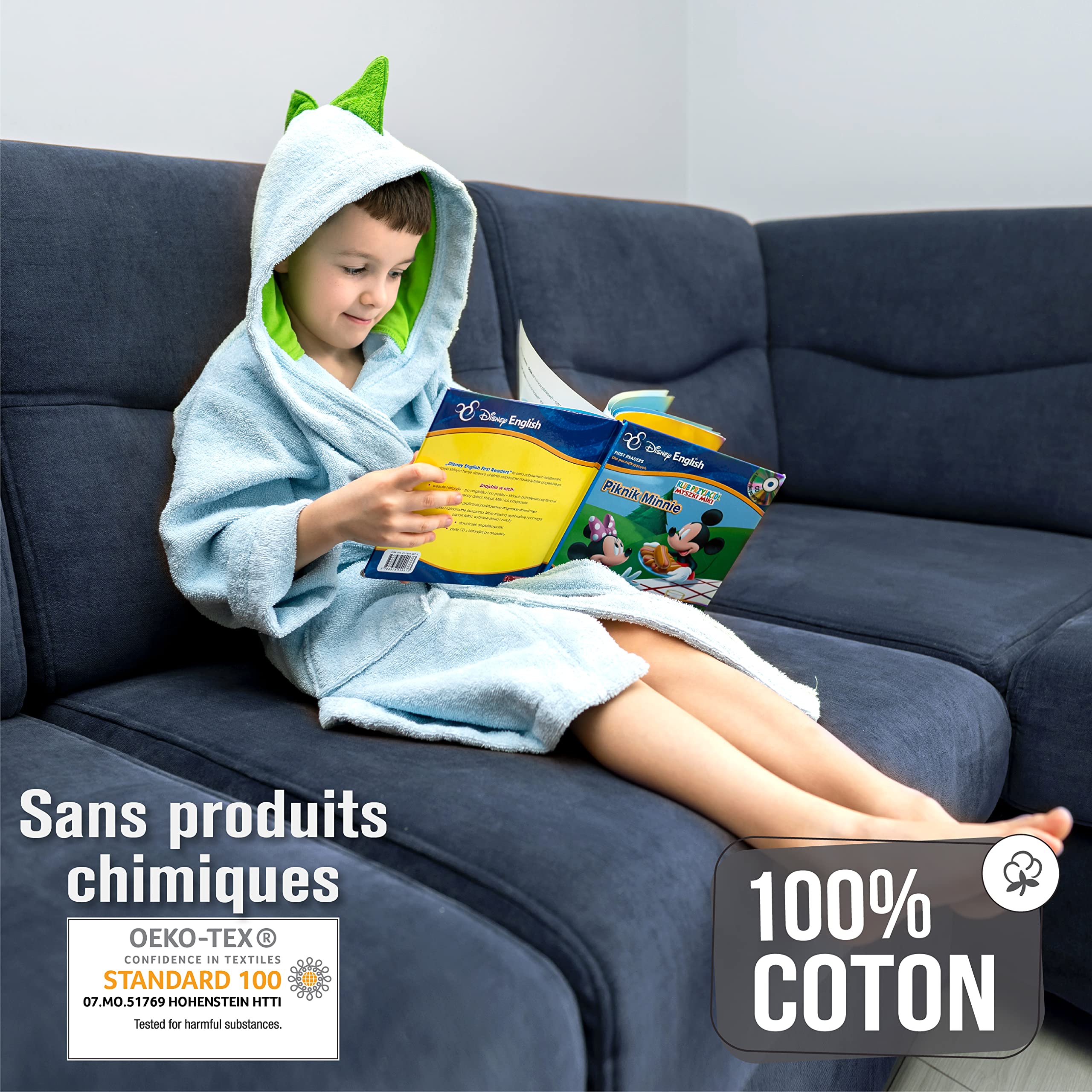 Twinzen Peignoir Enfant Dinosaure - Fille et Garçon - OEKO-TEX® 100% Coton - Peignoir de Bain et Robe de Chambre Enfant