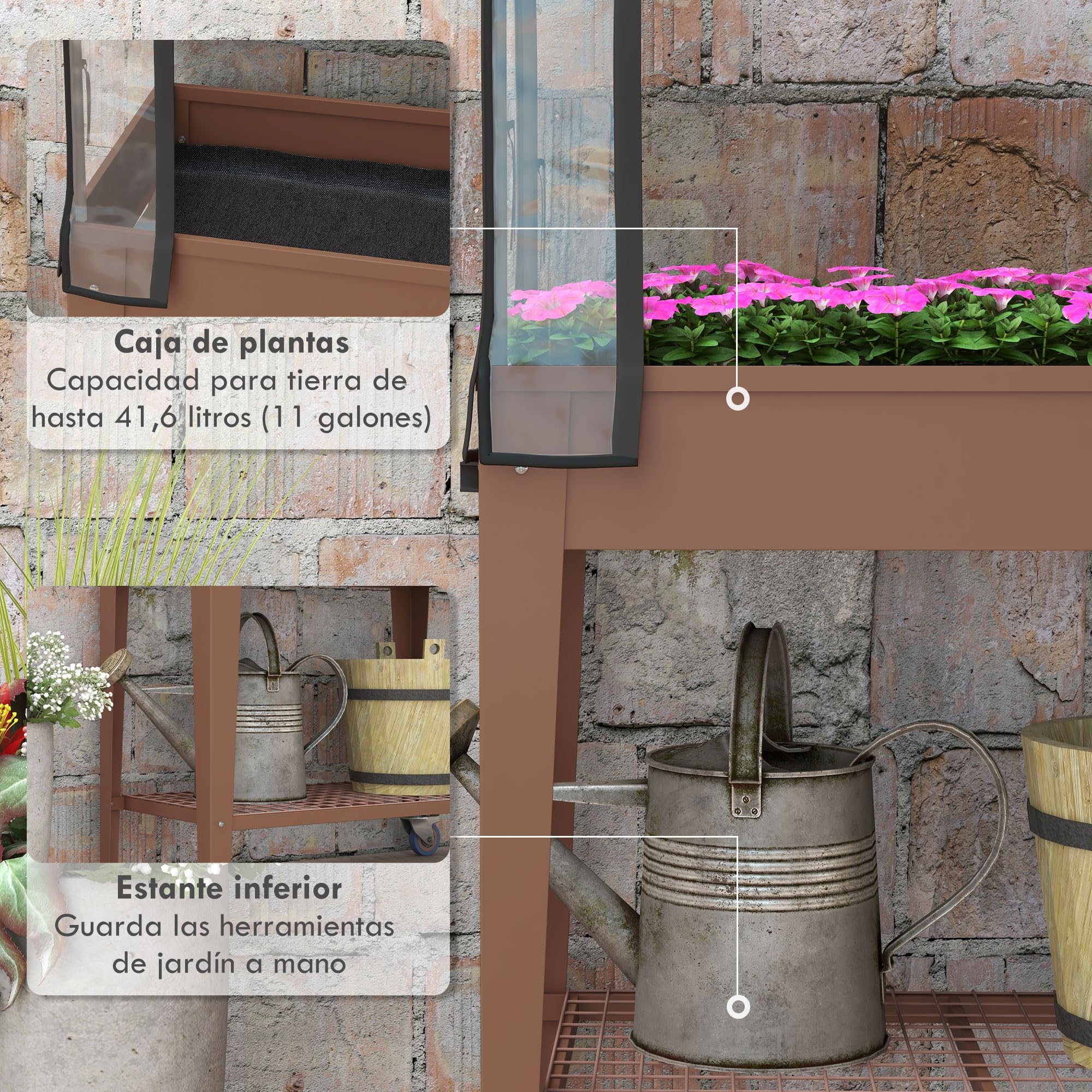 Outsunny Huerto Urbano Elevado con Ruedas, Mesa de Cultivo con Cubierta PVC de Invernadero y Estante Inferior para Cultivo, Plantas, Flores y Verduras, 80x40x120 cm, Marrón