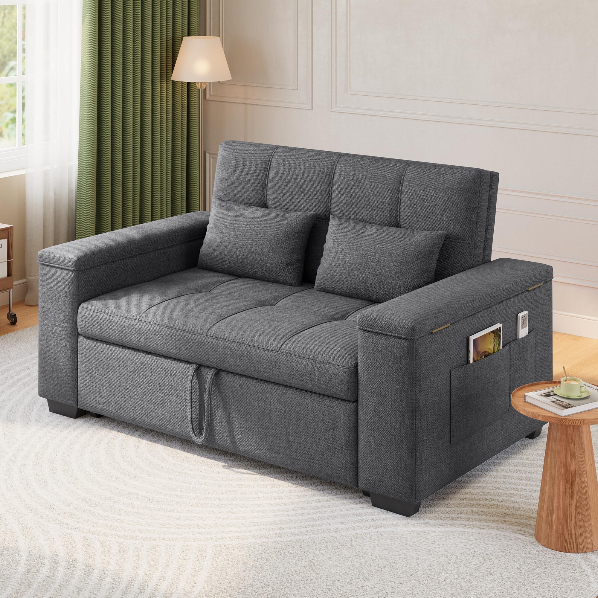 Xbro Divano Letto 2 Posti in Lino, Letto Esteso 175x116 cm, Convertibile 3 in 1 con 2 Cuscini e Tasche Laterali, Compatto Salvaspazio per Soggiorno e Camera Ospiti, 156x74x84 cm, Grigio Scuro