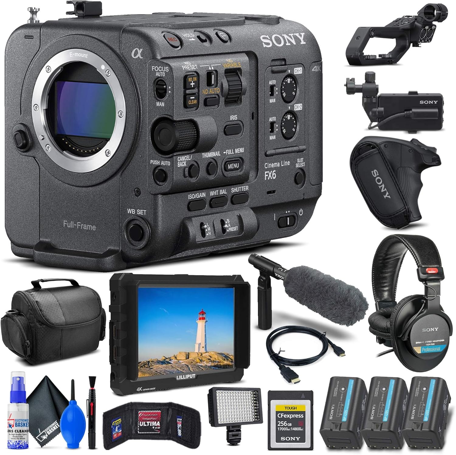 Sony FX6 Full-Frame Cinema Camera and included accessories laid out