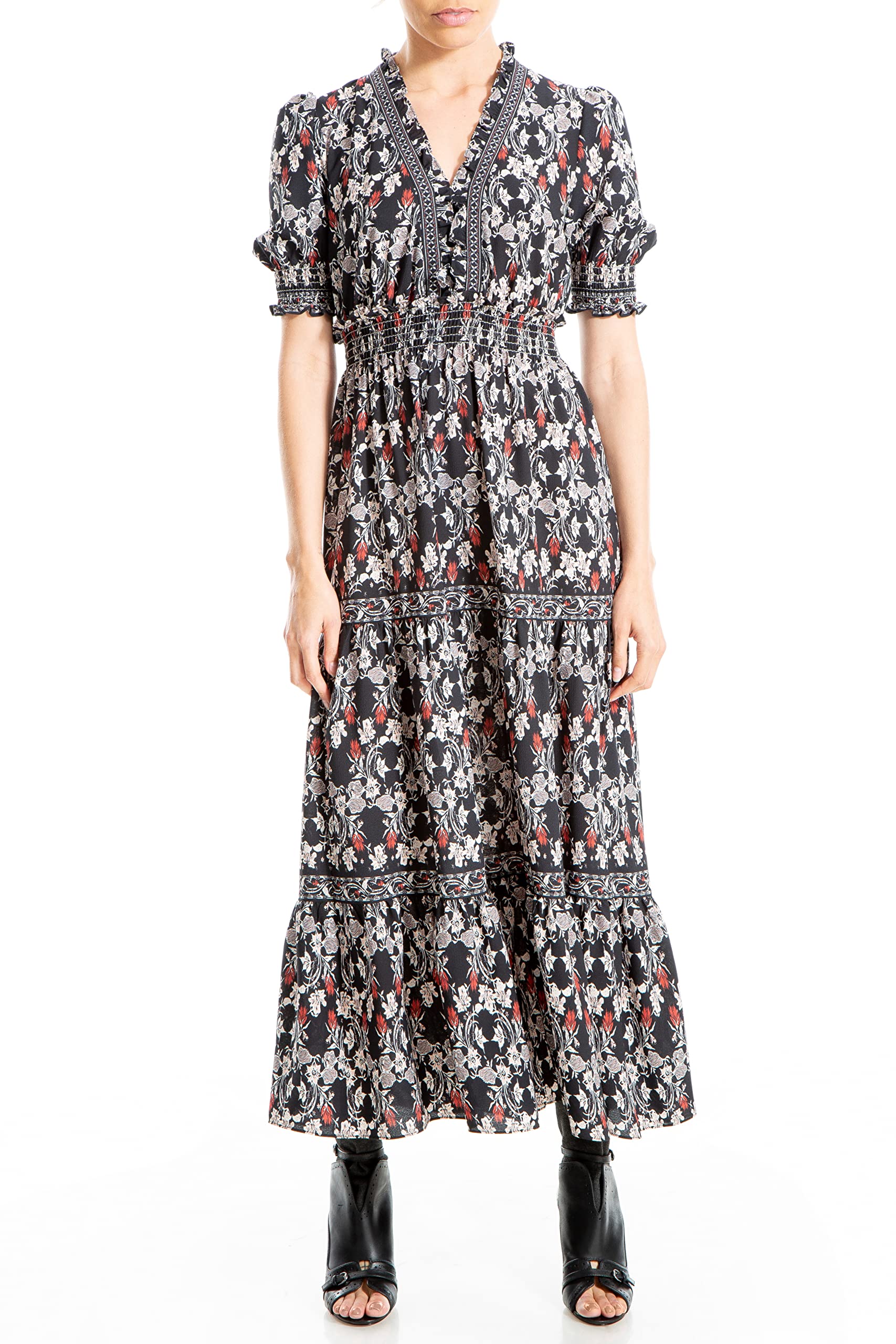 Max Studio Women's Printed Skirt With Smocked Waist – Floral Knee-Length A-Line Skirt, Lined