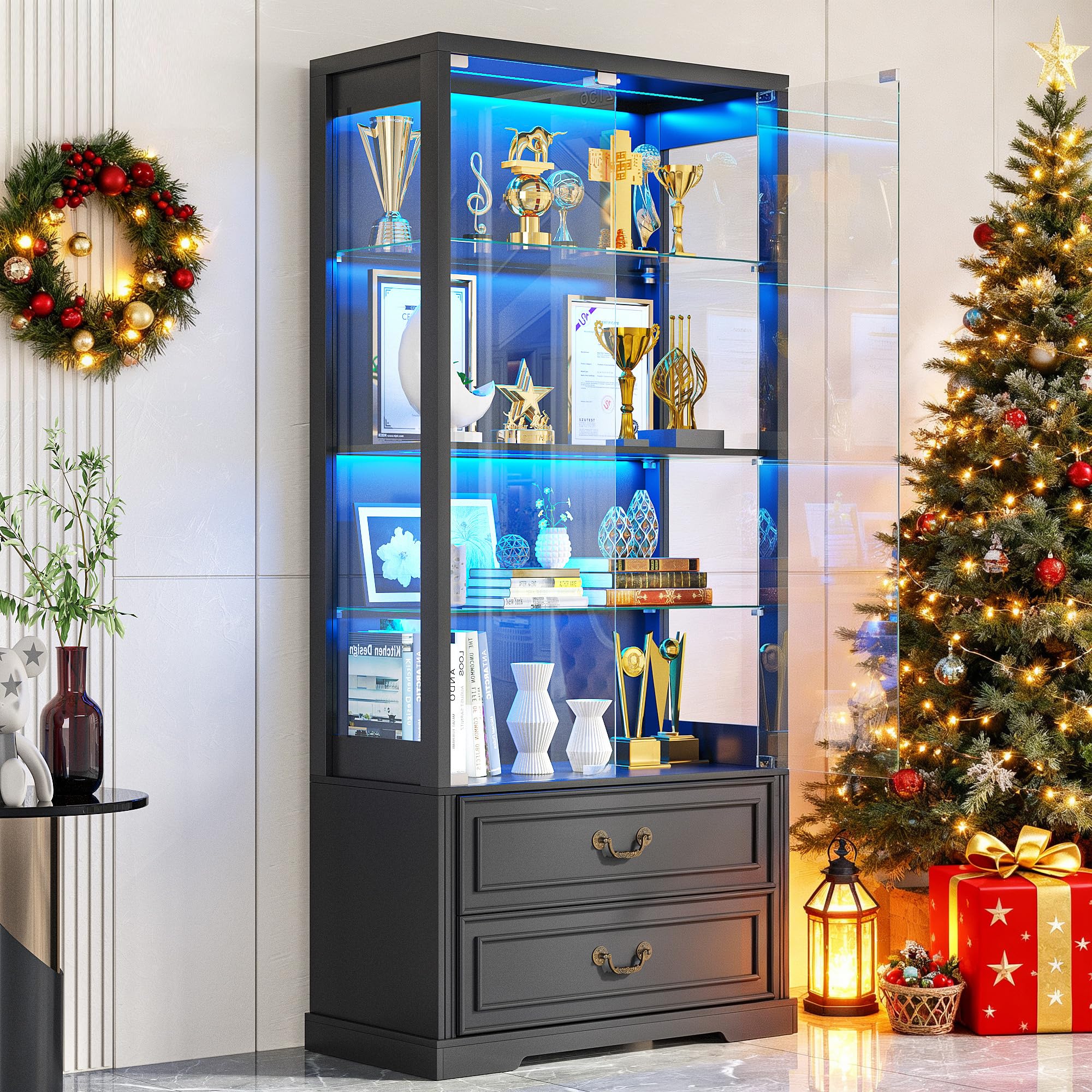 TAGELIER Display Cabinet with Glass Doors and LED Lights, 2 Drawers, Black