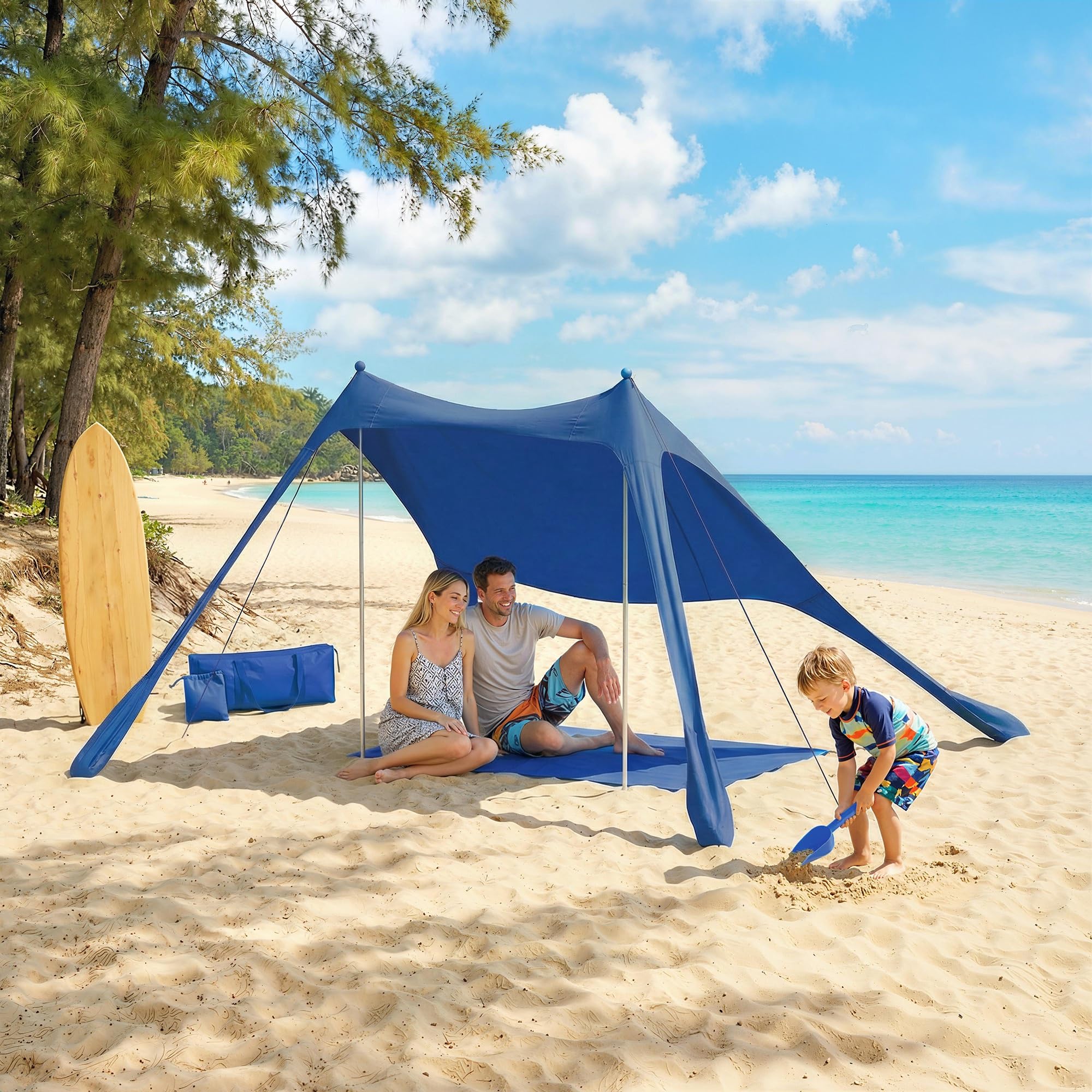 Outsunny Tenda da Spiaggia per 2-4 Persone, Tenda Mare con Tappetino e Pala, Protezione Solare UPF50+, Pali in Alluminio e Picchetti, Resistente al Vento, 200x208x200 cm