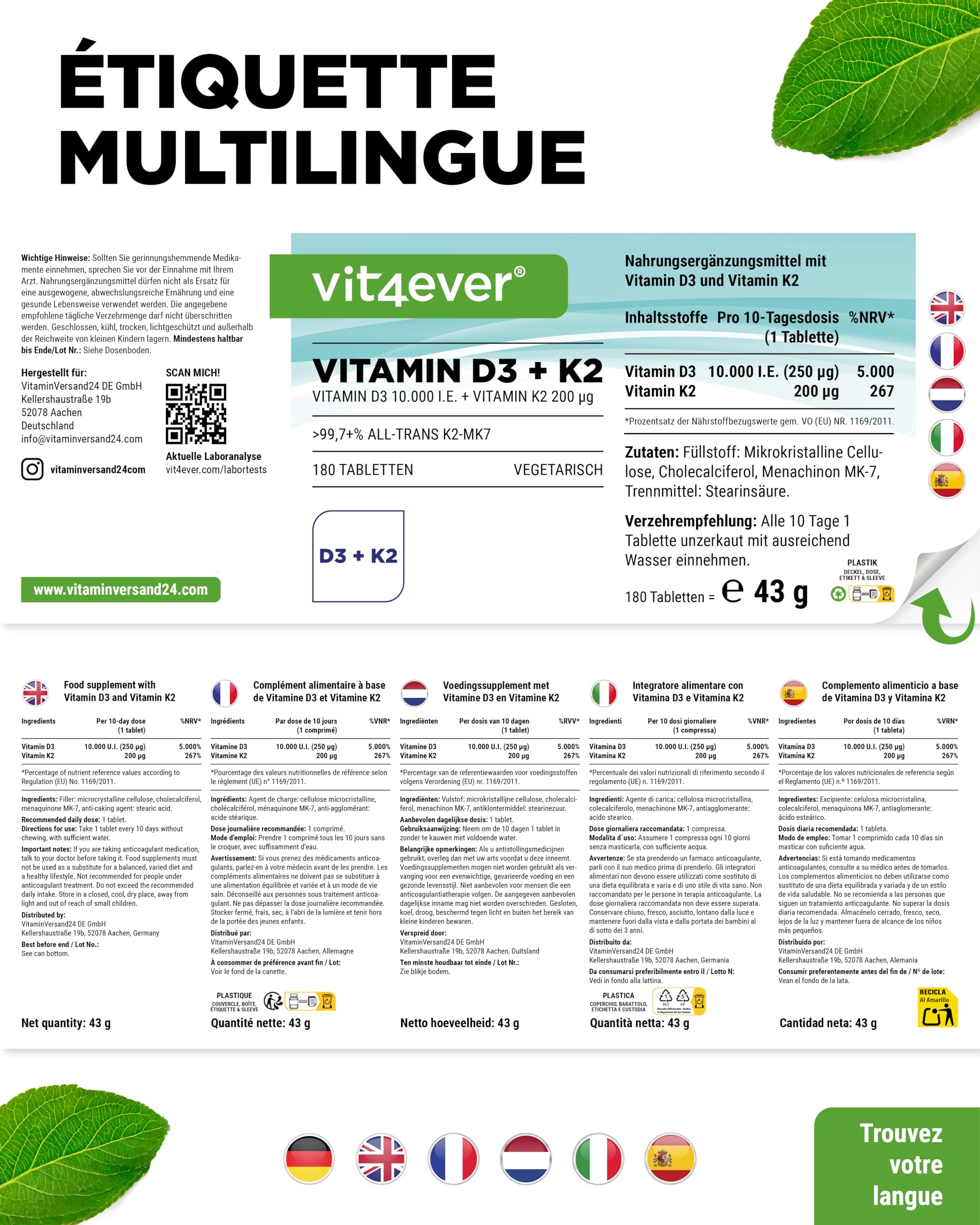 Vitamine D3 + K2 MK-7-180 Comprimés -10.000 U.I. (250µg) Vitamine D3 & 200µg K2 par Comprimé - Matière Première Premium: 99,7+% All-Trans - Haute Pureté - Forte Dose - Végétarien