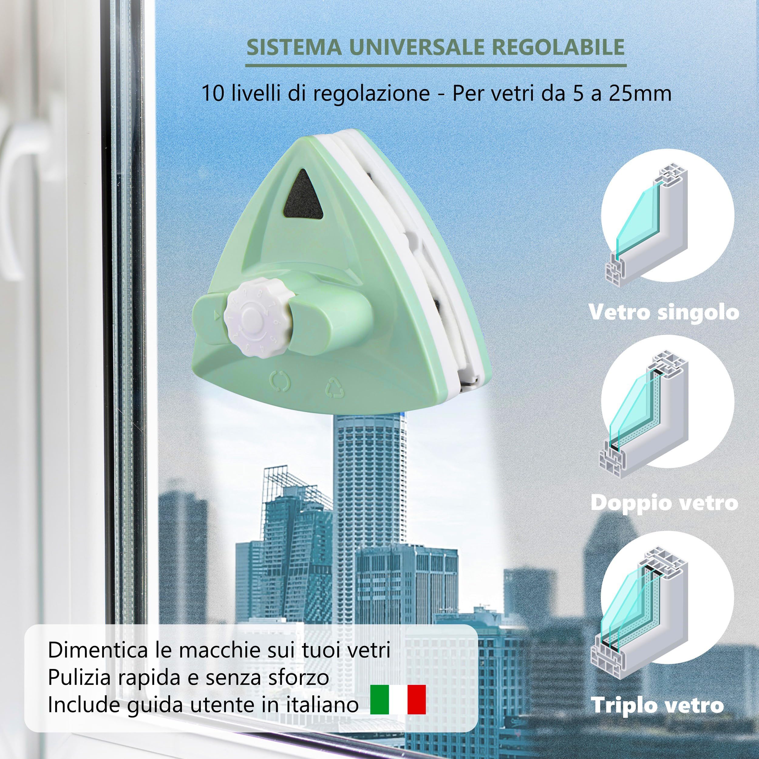 Lavavetri Magnetico per Doppio Vetro Regolabile 5-25 mm - Pulisci Vetri Magnetico Doppio Vetro con 10 Livelli di Regolazione, 30 panni di Pulizia, 4 Gomme, 1 Panno in Microfibra e 1 Borsa