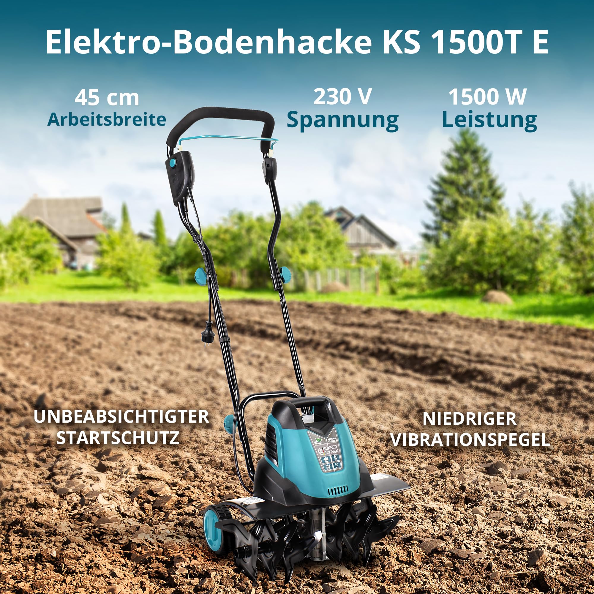 Könner & Söhnen KS 1500 T E Elektro-Bodenhacke, 23 cm Stahl Fräsen, 40 cm Arbeitsbreite, 23 cm Arbeitstiefe, 1500 W, 230 V, Gartenfräse für Hofgrundstücken, Blumen- und Gartenbeeten