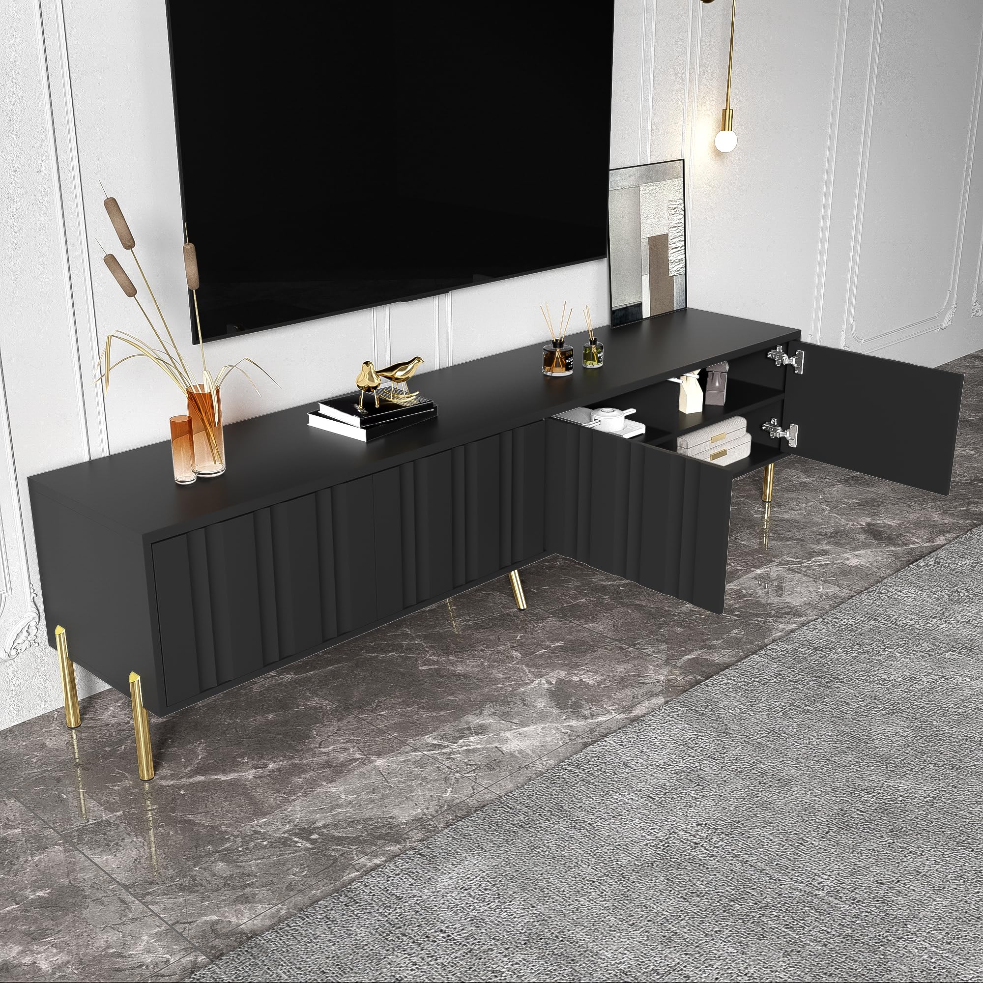 Armadio TV porte con design a scanalatura verticale mobile TV gambe di tavolino dorato tavola bassa per soggiorno camera da letto mobiles base tavolo lowboard TV credenza nera
