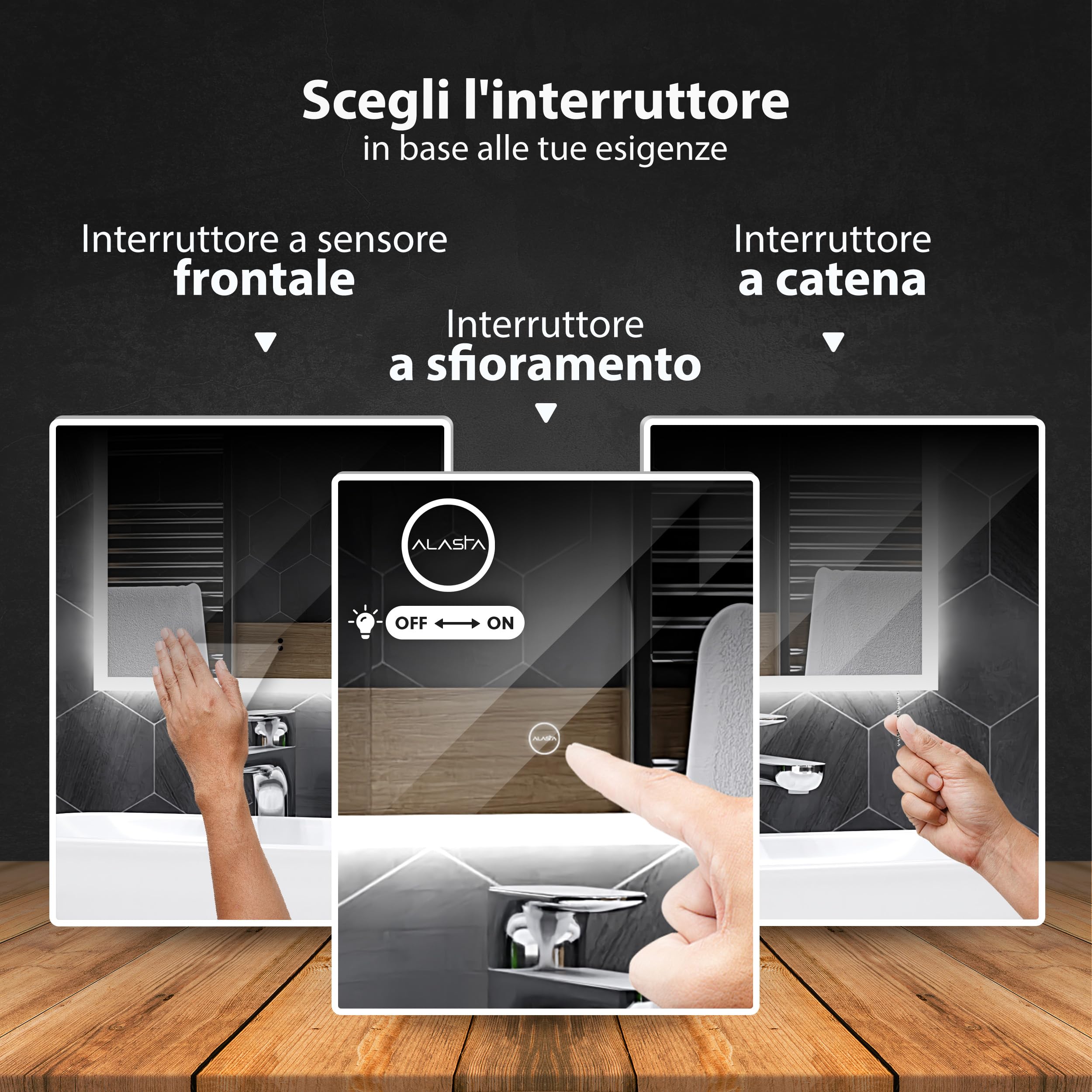 Atlanta Specchio Bagno LED 110x90cm Antiappannamento, Retroilluminato, Personalizzabile, Rettangolare, Selezione Colore Luce
