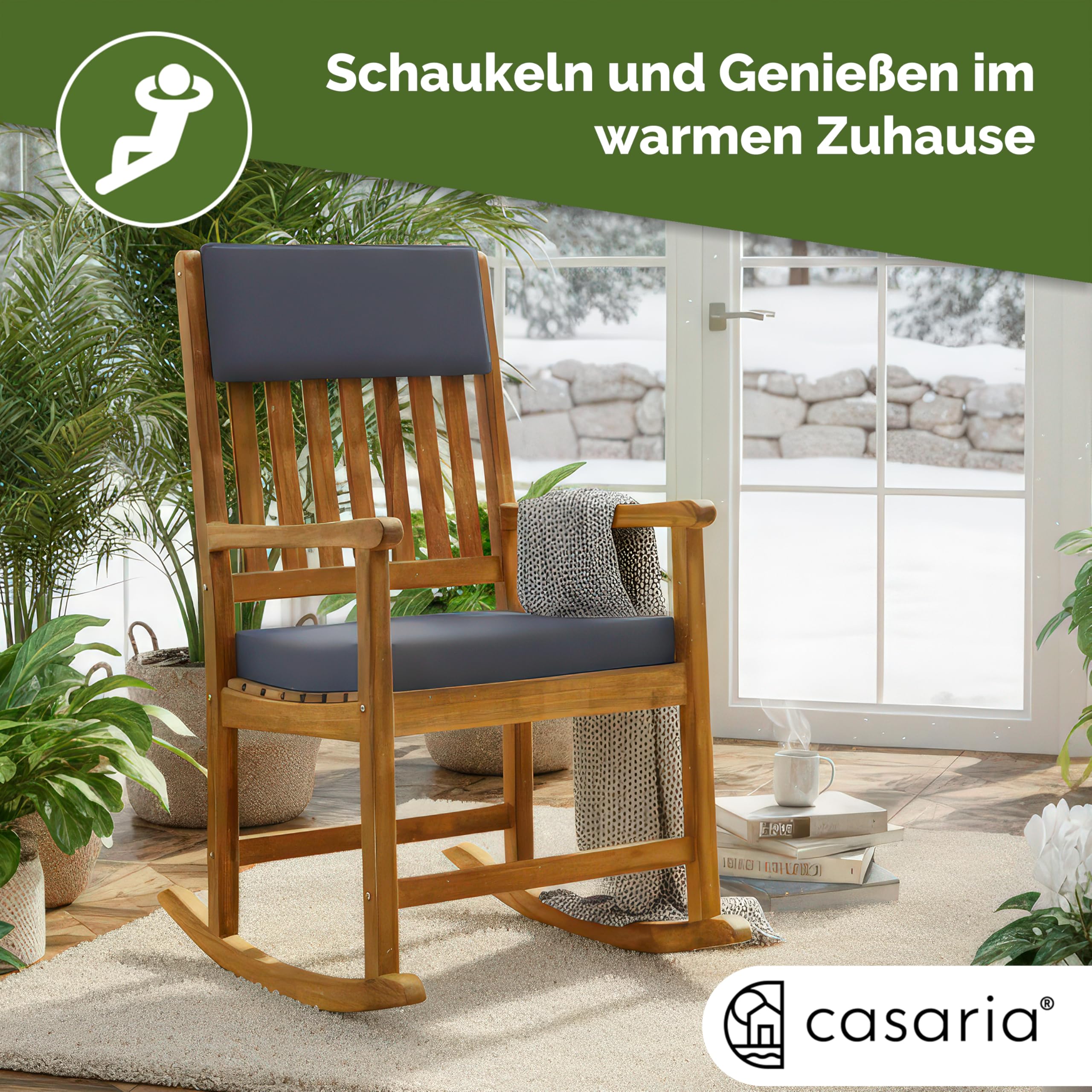 CASARIA® Silla Mecedora Reposabrazos Acacia 160Kg Funda Lavable Jardín Balcón Terraza Resistente Intemperie Interior Exterior Cojines Antracita