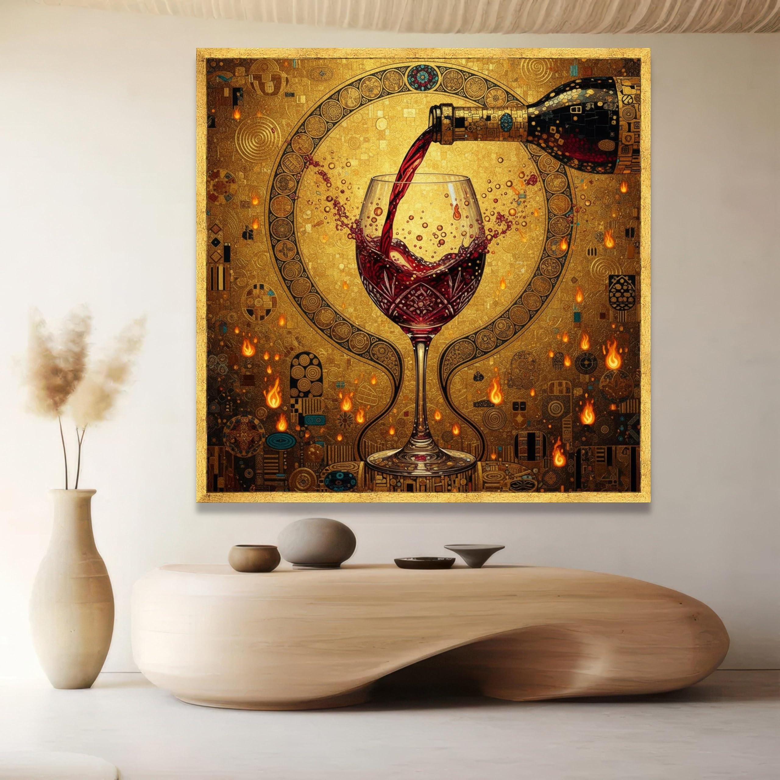 Leinwandbild mit Rotwein-Motiv, Kunst im Vintage-Stil, goldene Wanddekoration, abstraktes Weinglas-Gemälde, Leinwandbild für die Heimdekoration (30x30cm/Innenrahmen)