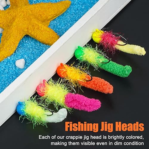 Miniatura 7 de Crappie Jigs - Juego de señuelos de pesca, 2520 piezas de jigs de marabú con cola de gusano, bolas redondas, cabezas de plantilla de pesca, cebos