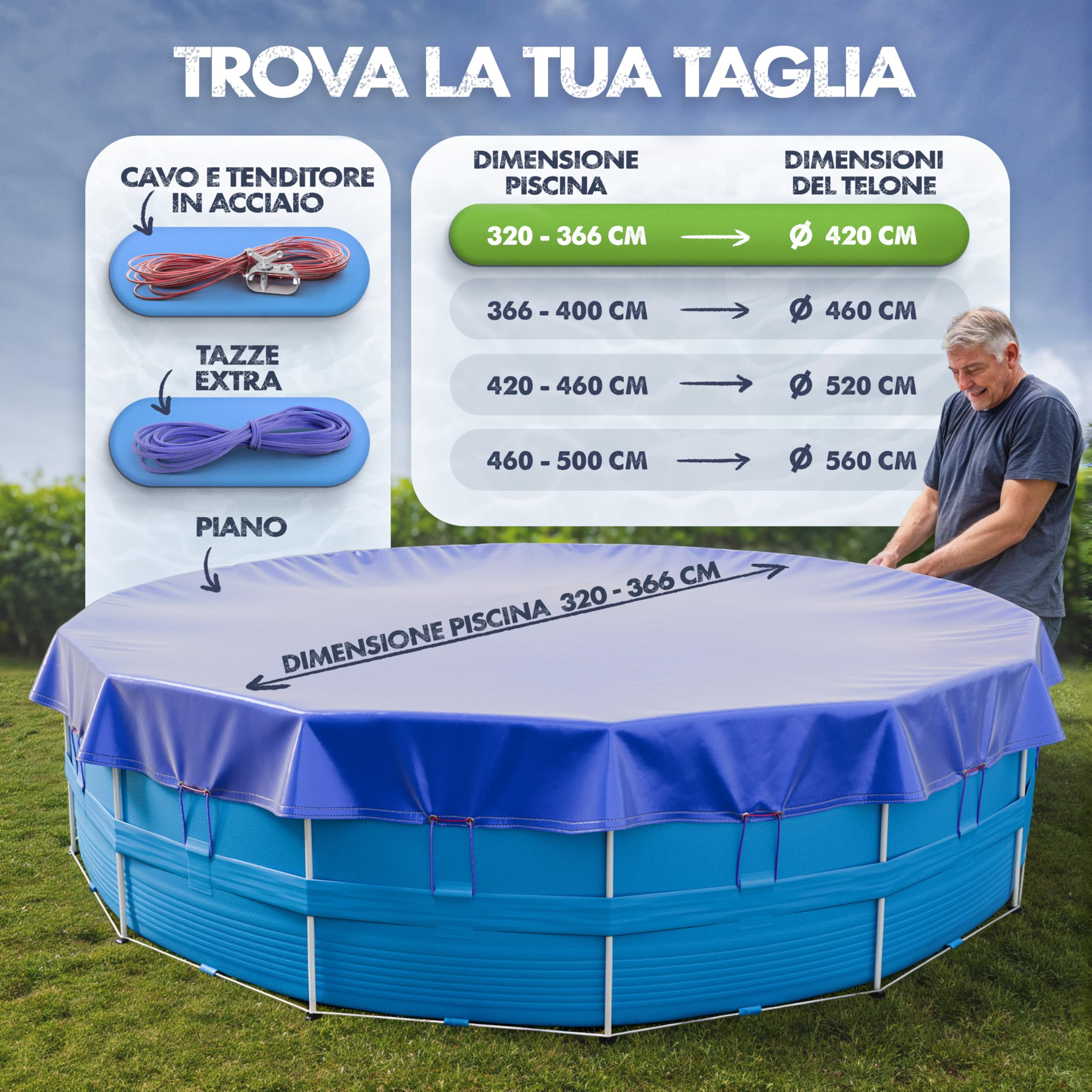Copertura per piscina 320-366 cm (Ø 420 cm), 200 g/m², Adatto per Intex | Telo spesso blu/nero con materiale di fissaggio, adatto per piscine Intex e Bestway, diametro