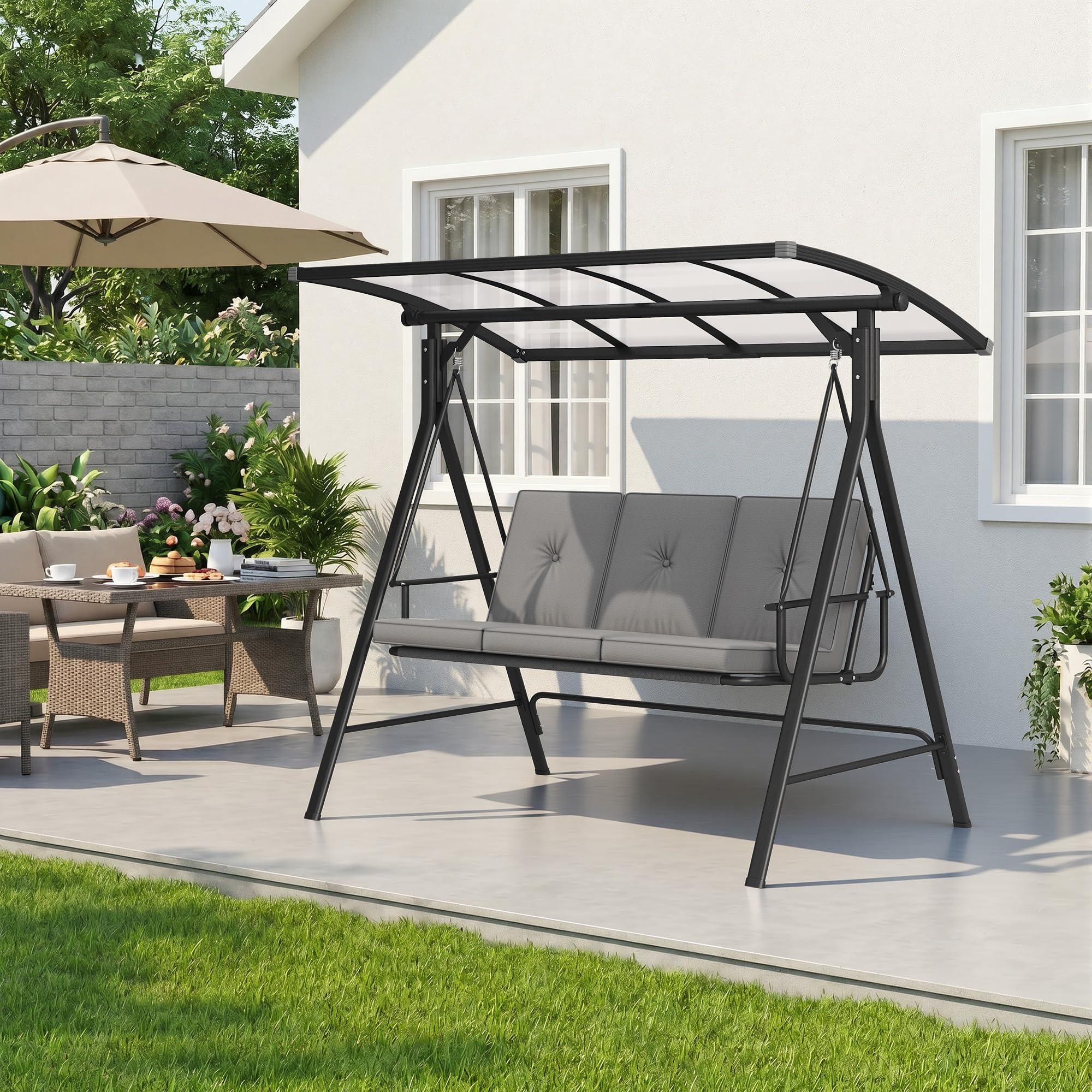 Dondolo da Giardino 3 Posti,Dondolo da Esterno con Tettuccio Parasole Regolabile,Impermeabile, Funzione Inclinabile e Letto, Assemblaggio Semplice, Grigio